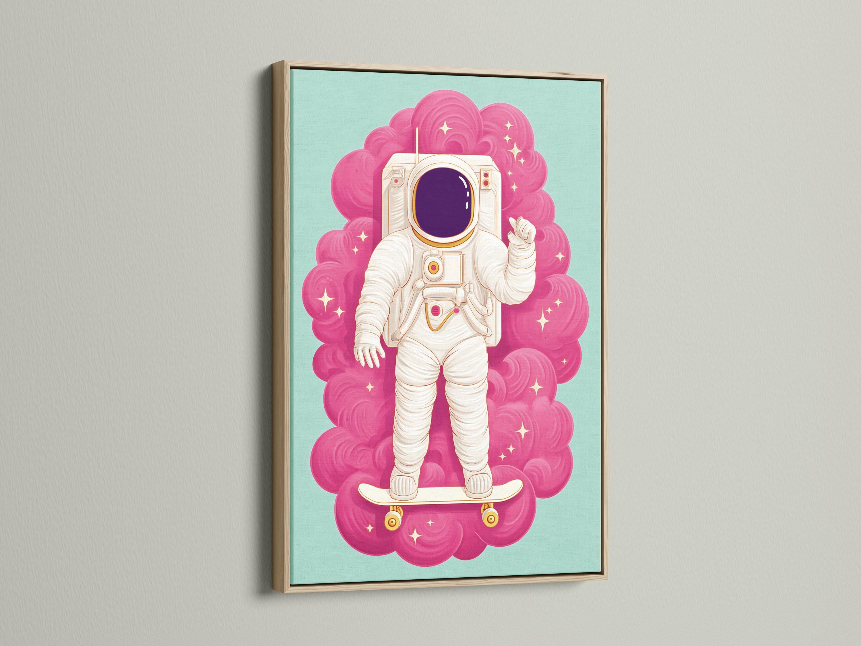 Cartoon astronaut standing on a skateboard with a hot pink cloud swirl background detail view