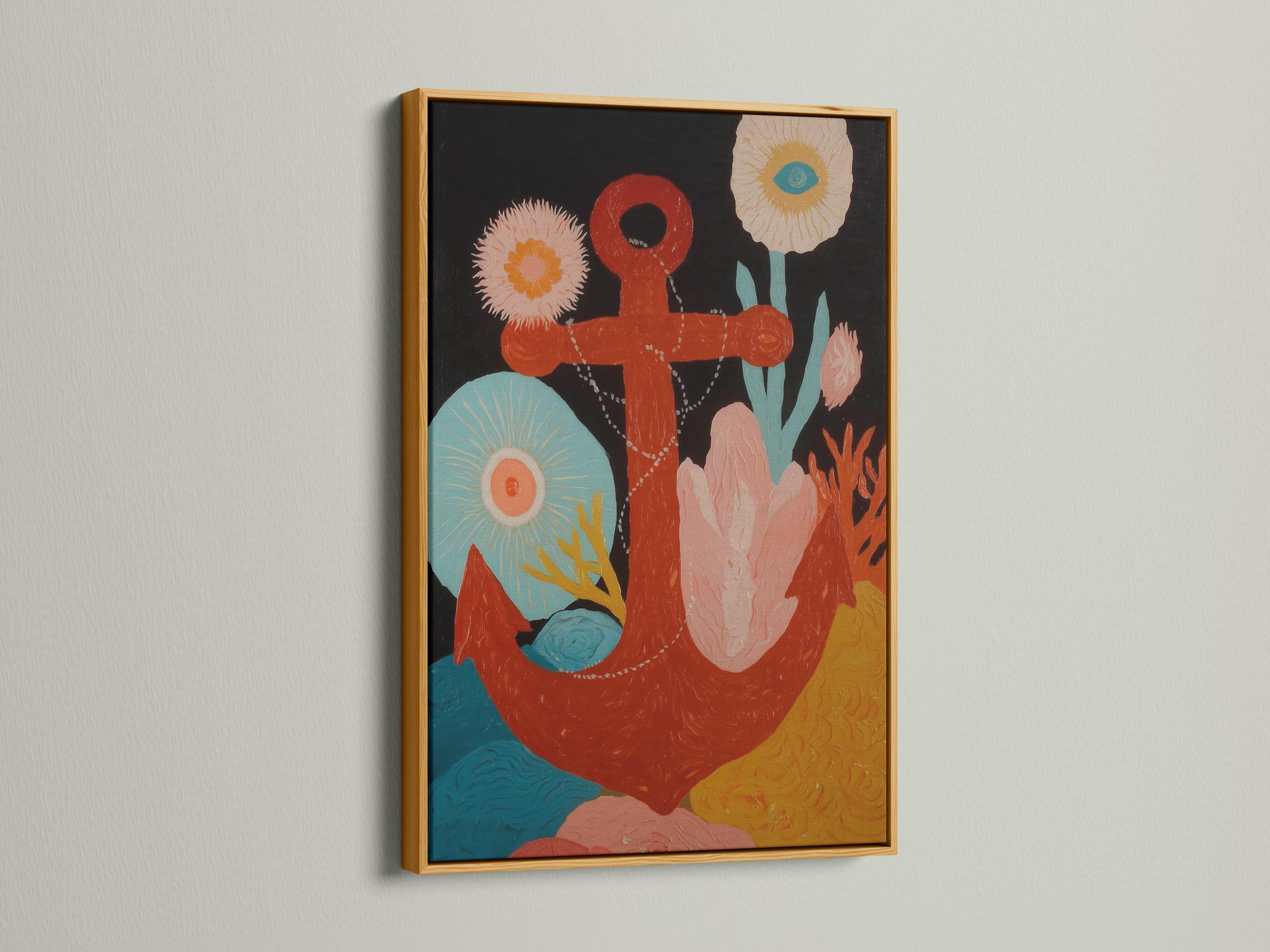A stylised nautical anchor motif is set over dark background clouds, with coral, teal, pink, and gold tones and layered flower-like bursts around the