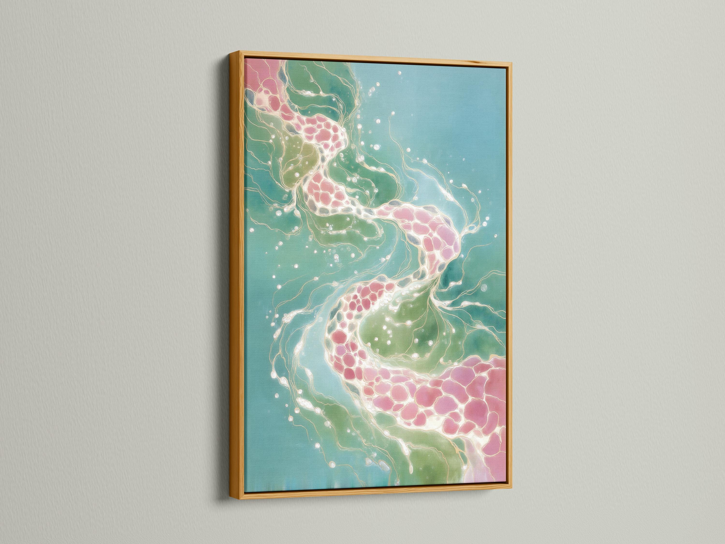 Teal abstract artwork with flowing white lines and blush pink clusters detail view