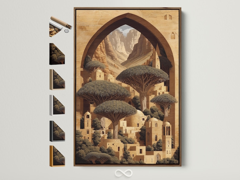 Desert oasis architecture scene with a central arch framing mountains, domes and dark tree canopies