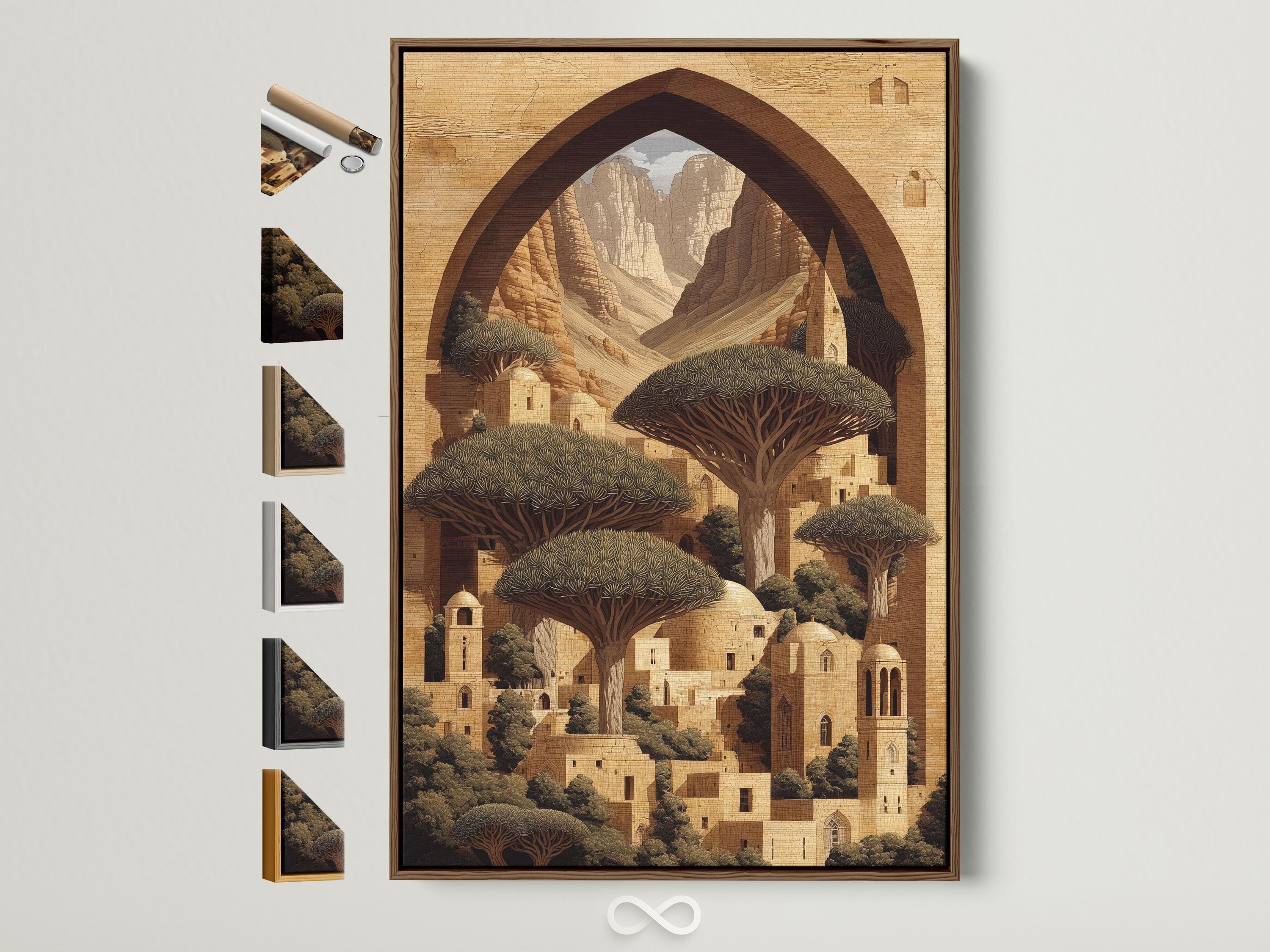 Desert oasis architecture scene with a central arch framing mountains, domes and dark tree canopies