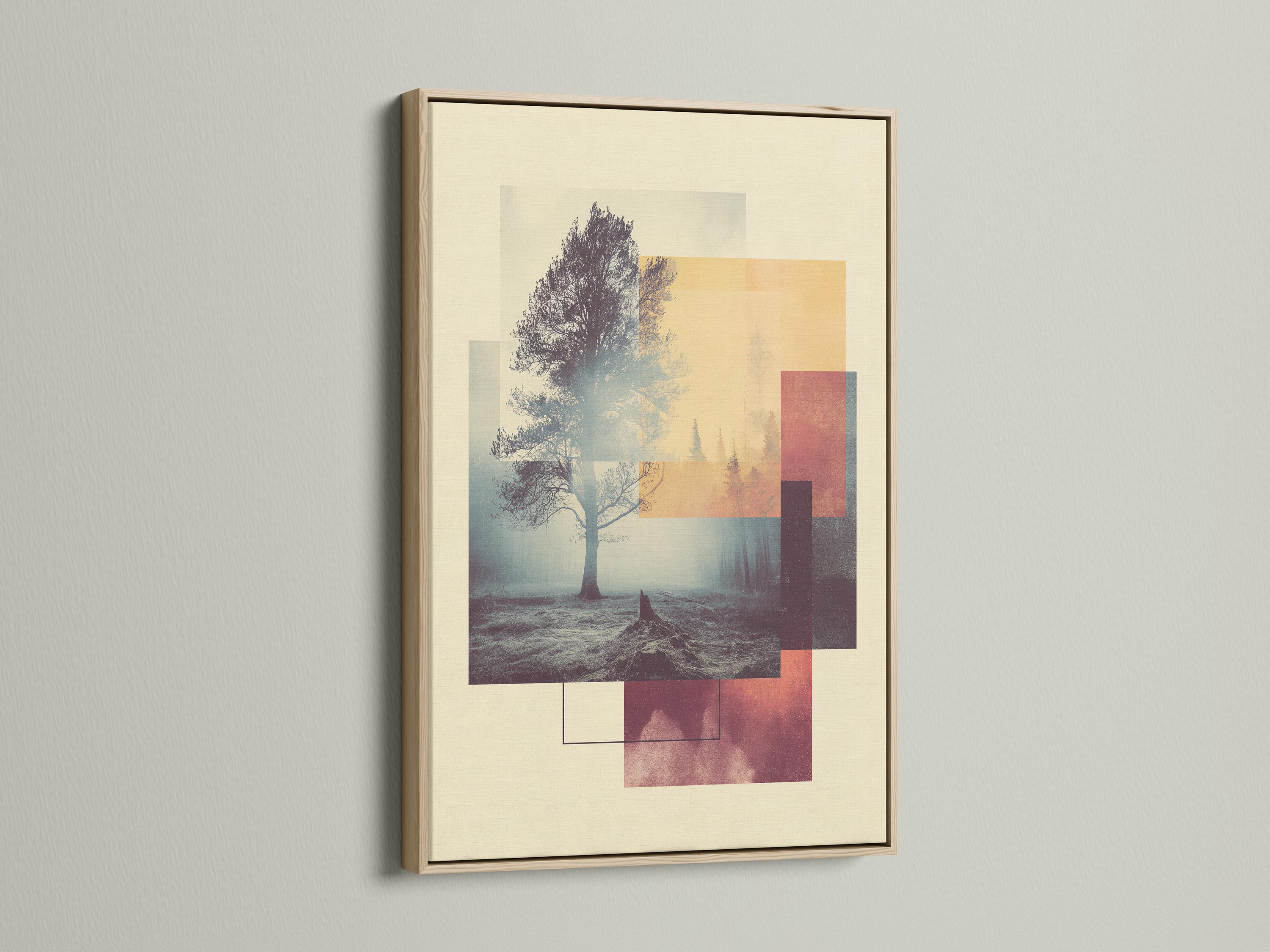 Abstract tree landscape with a lone tree silhouette and geometric beige, grey-blue and burgundy blocks detail view