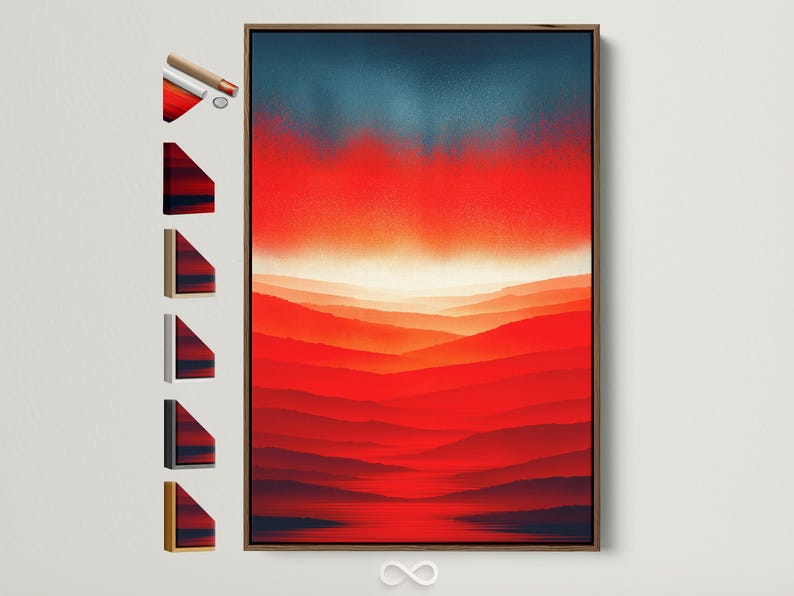 Red orange sunset mountain landscape artwork with layered ridges and glowing horizon