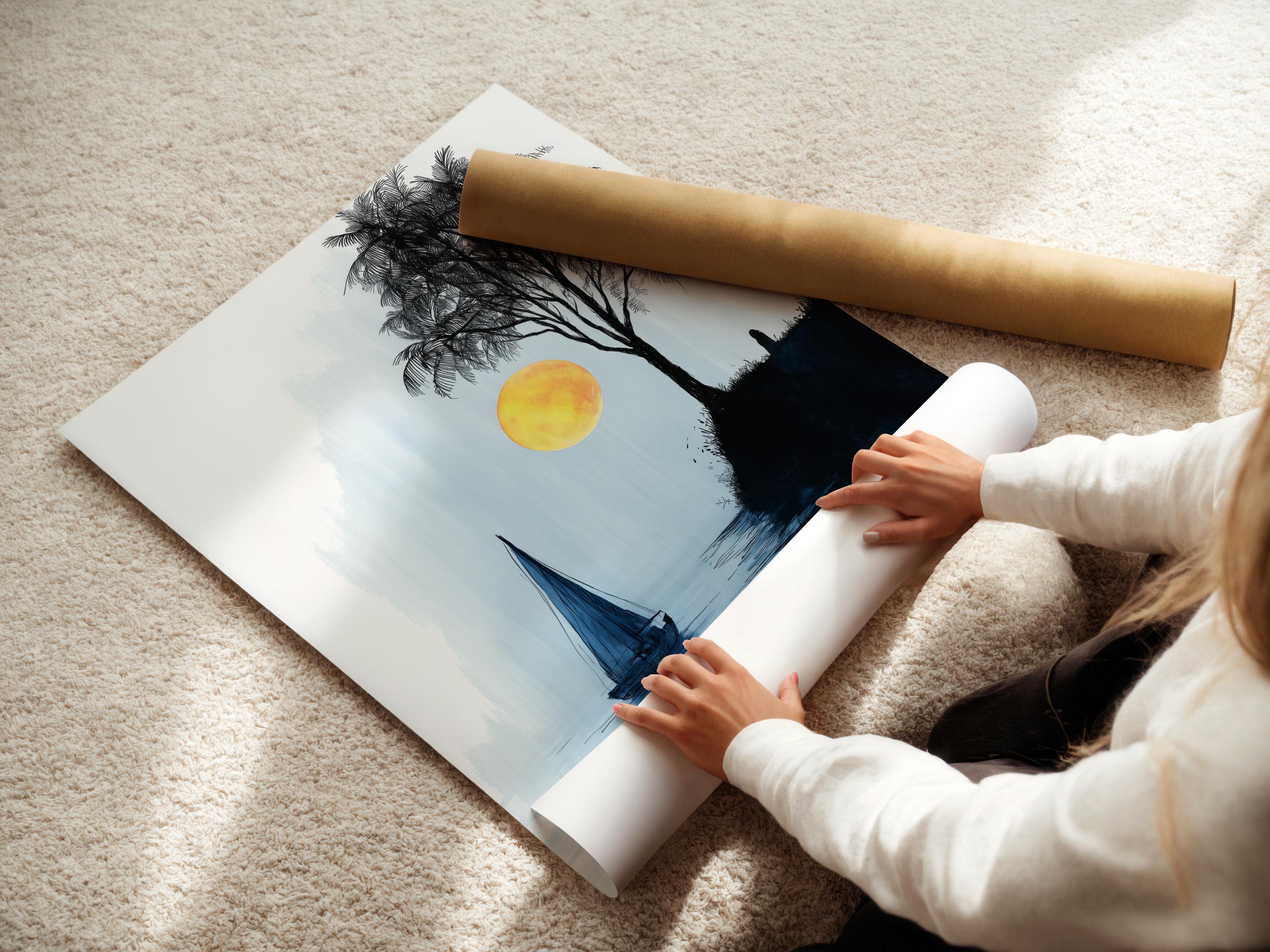 Minimalist seascape with a sailboat on blue water, a palm tree silhouette and a glowing yellow sun detail view