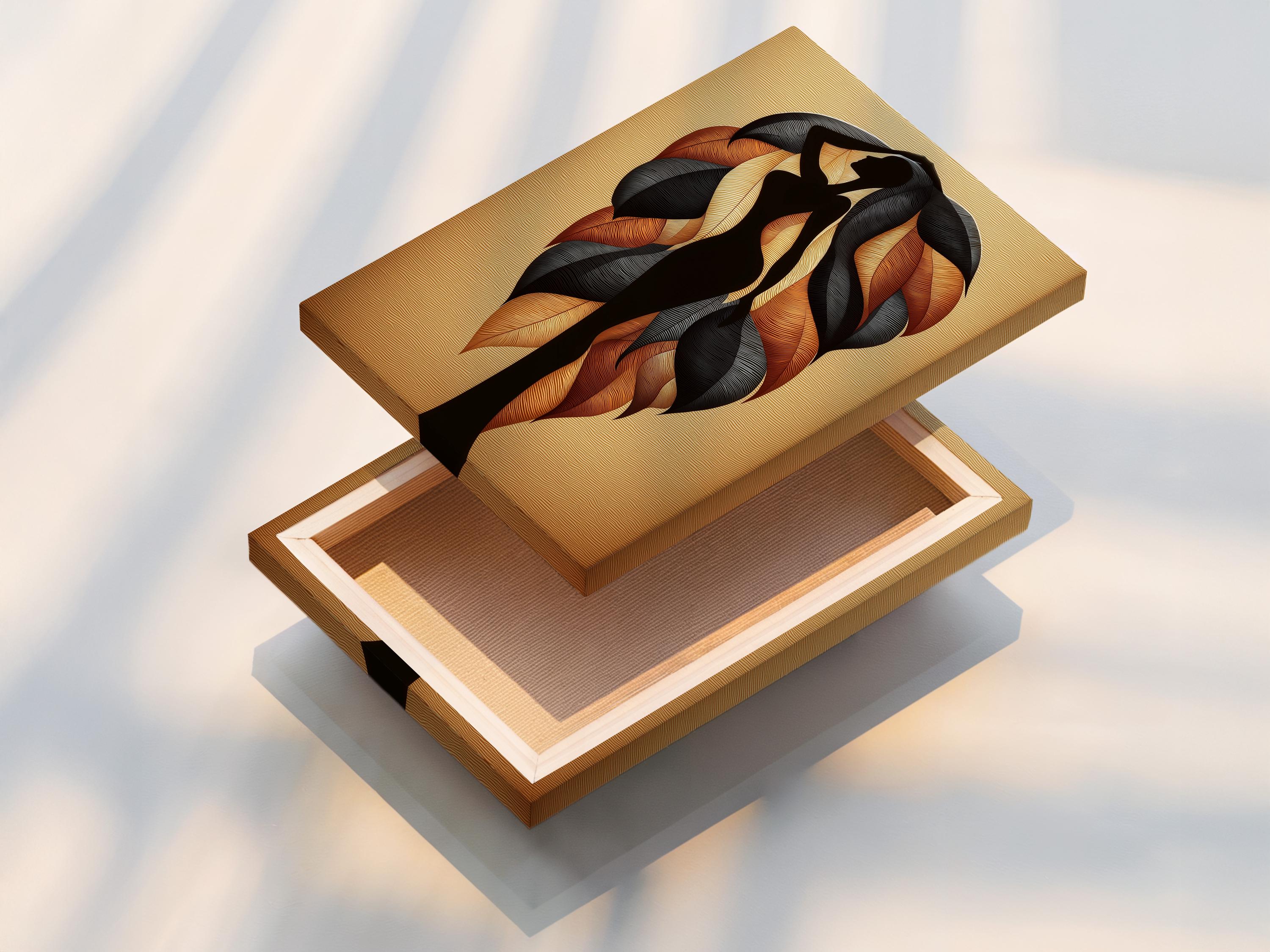 Leaf silhouette artwork with a dark figure shape and swirling burnt orange leaf forms on a beige textured background detail view