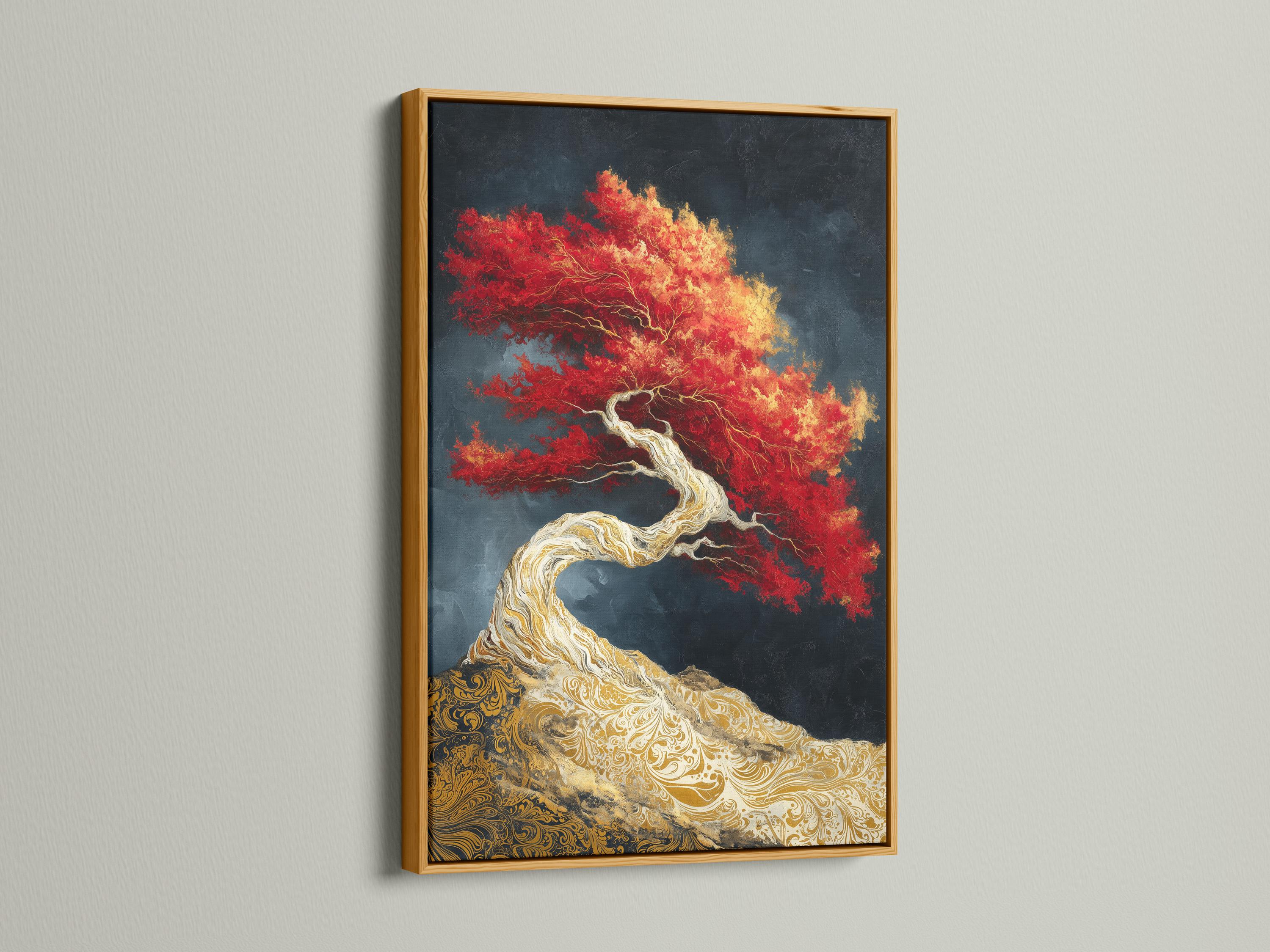 Stylised tree artwork with pale twisting trunk, red-and-gold canopy, and ornate gold base on navy background detail view