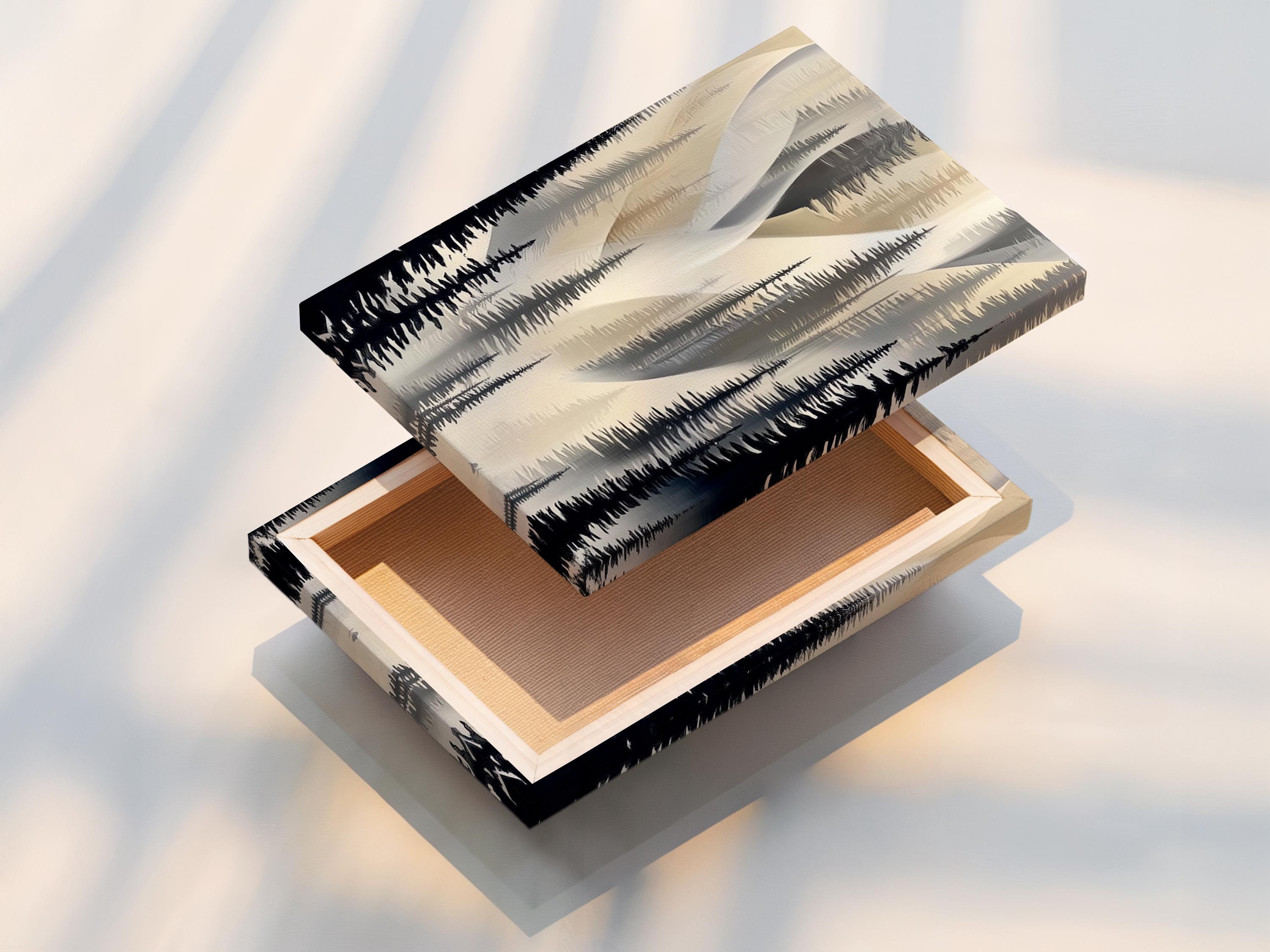 Neutral forest artwork with layered pine silhouettes in beige and charcoal tones detail view
