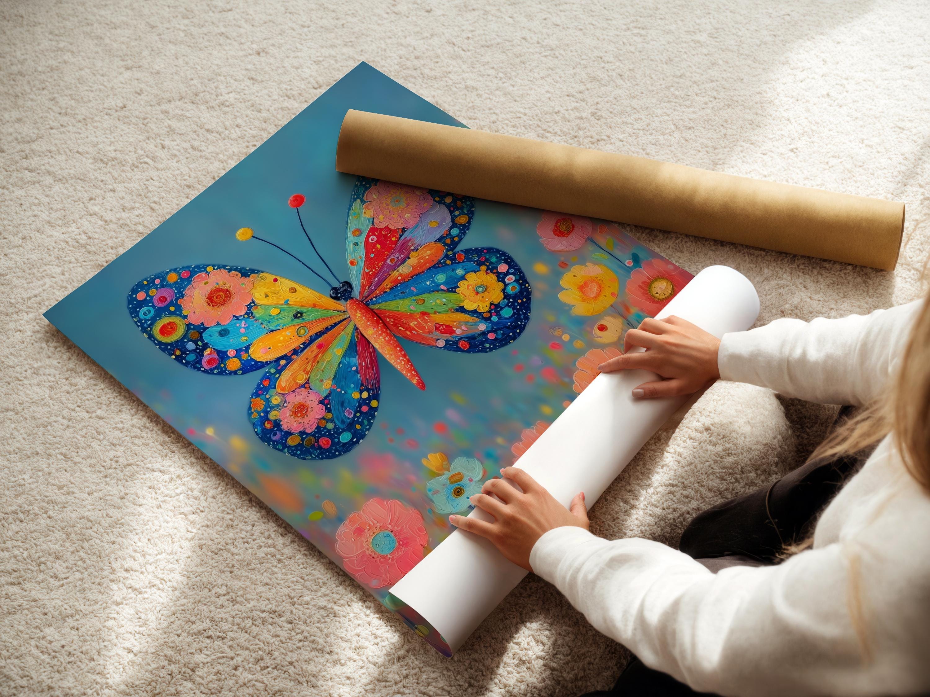 A bright stylised butterfly with patterned wings over colourful flowers on a blue background detail view