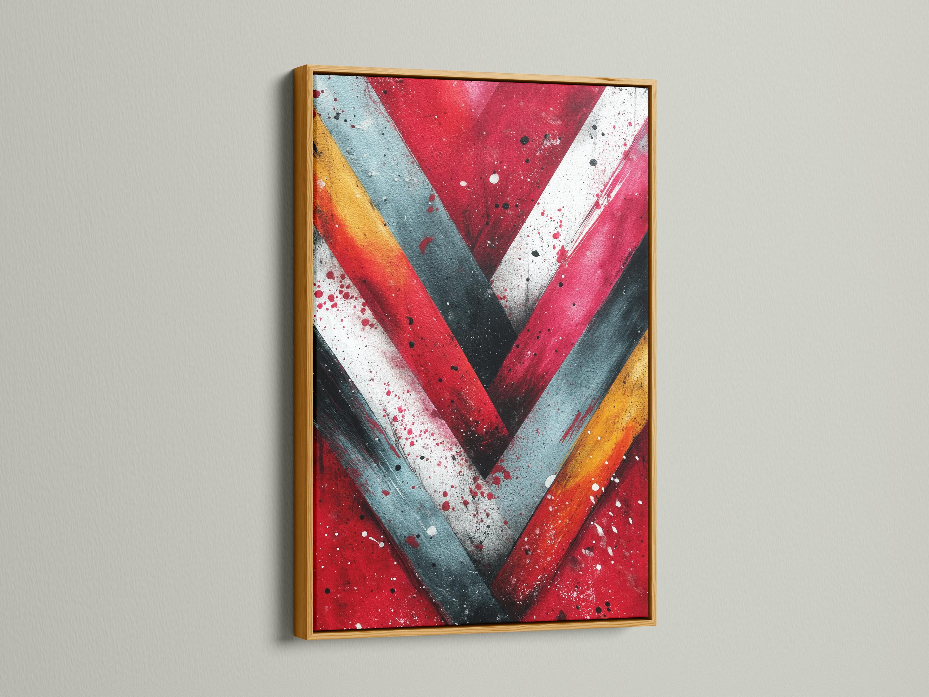 Abstract chevron V shape in red, teal and warm yellow with speckled dots detail view