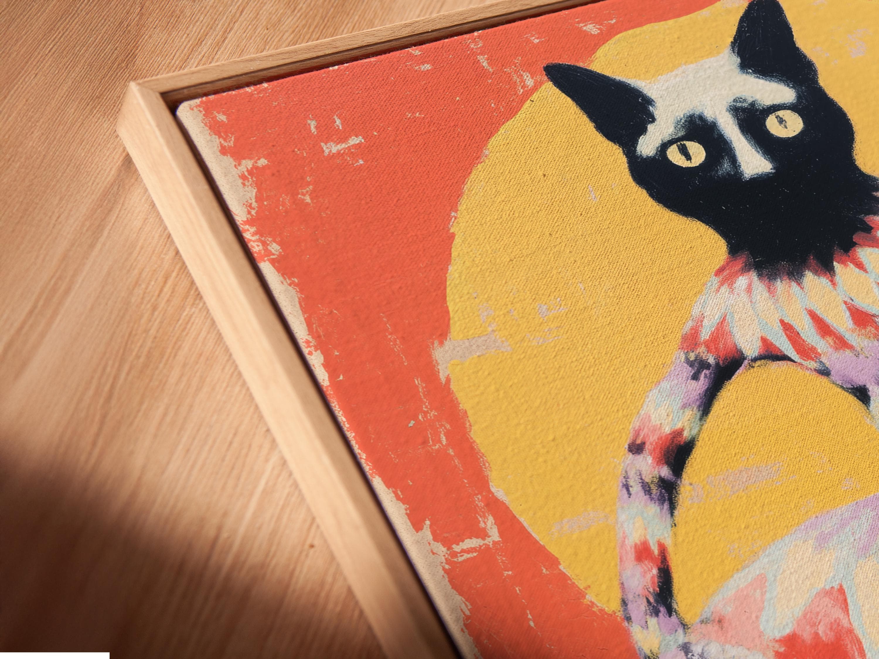 Cat artwork in a framed mockup on a wall with additional frame variations