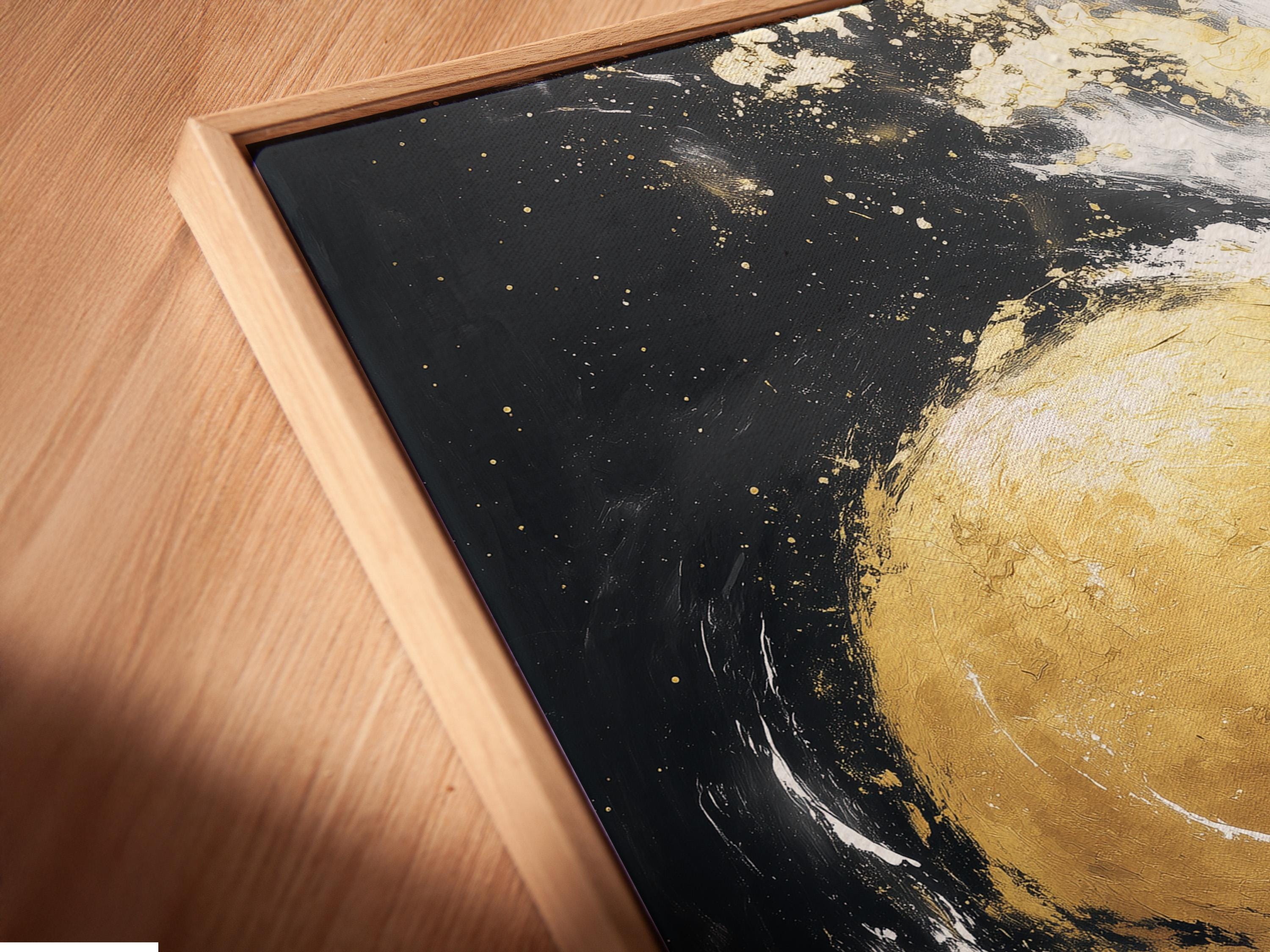 Abstract gold circle with white swirling arcs on a dark charcoal background detail view