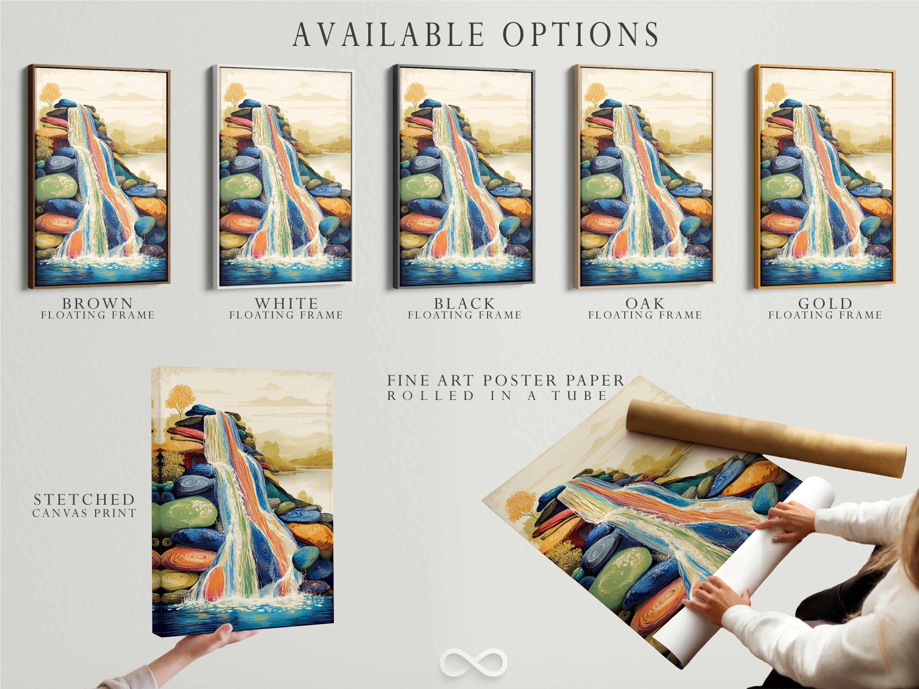 Room mockup showing a framed waterfall artwork with blue and gold colours