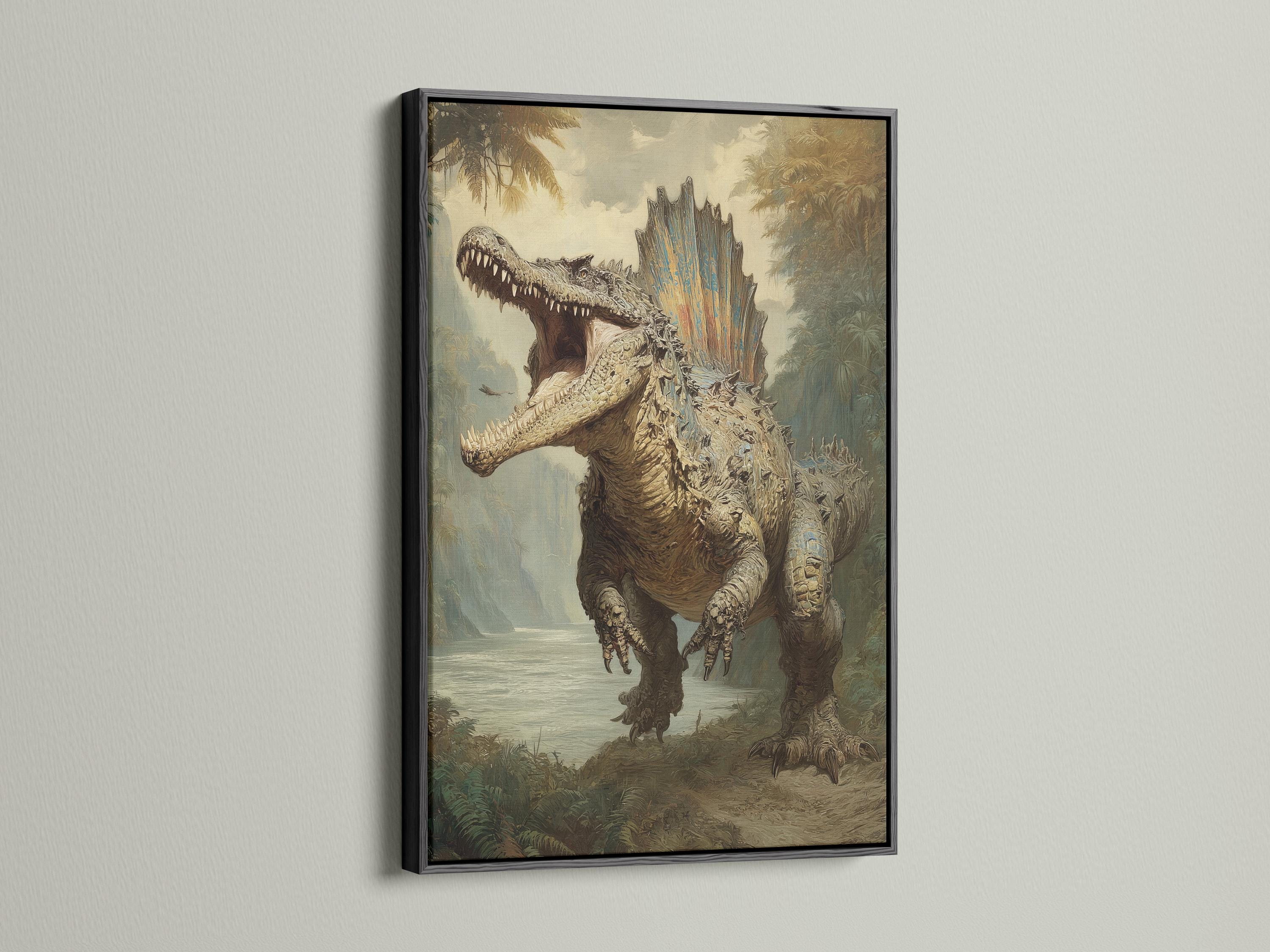 Prehistoric dinosaur artwork with open mouth in a misty jungle scene detail view