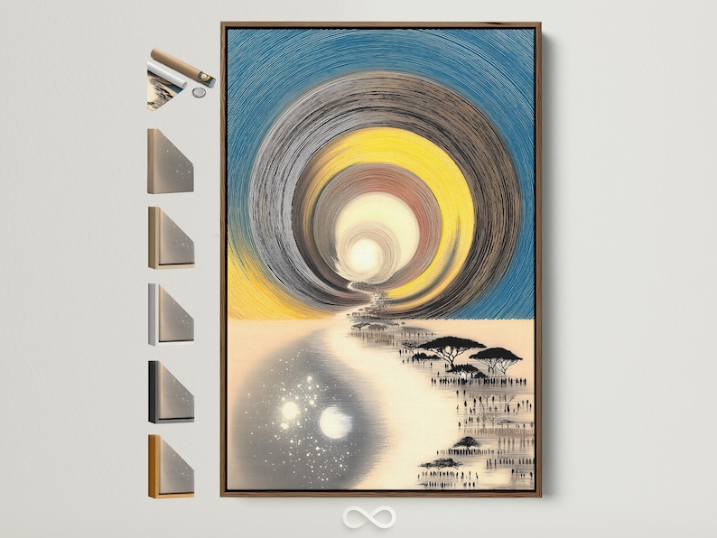 Stylised teal and yellow landscape with concentric swirl lines, reflective water and silhouetted acacia trees
