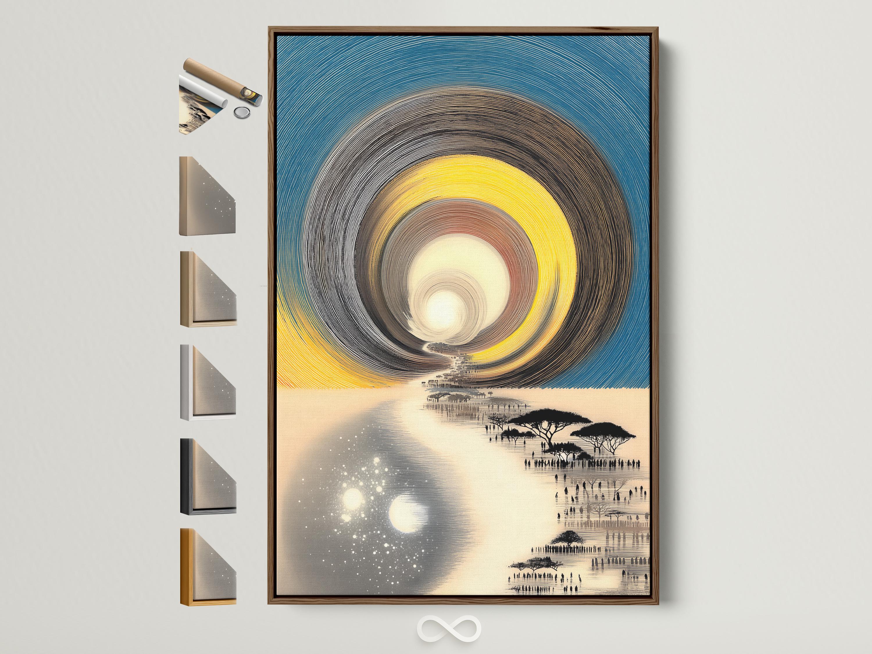 Stylised teal and yellow landscape with concentric swirl lines, reflective water and silhouetted acacia trees