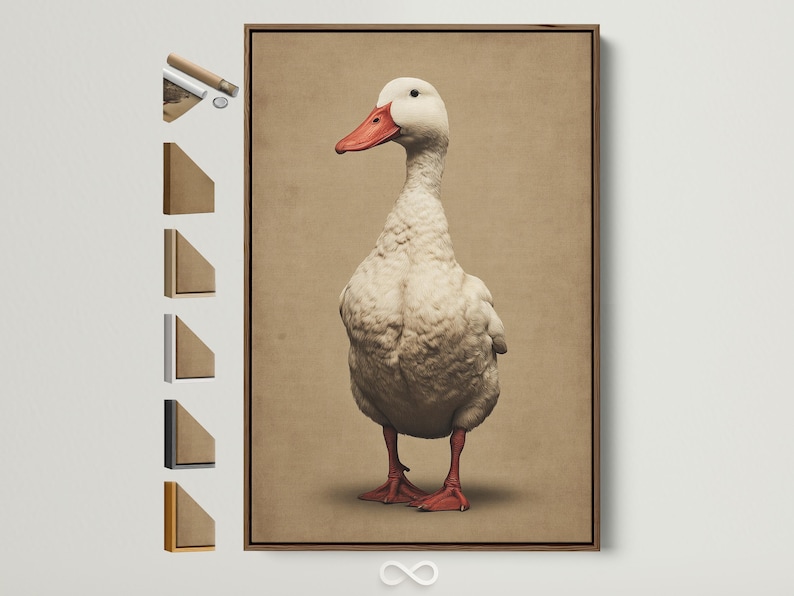 A vintage-style goose portrait with a red beak and detailed feather shading stands in front of a warm beige background