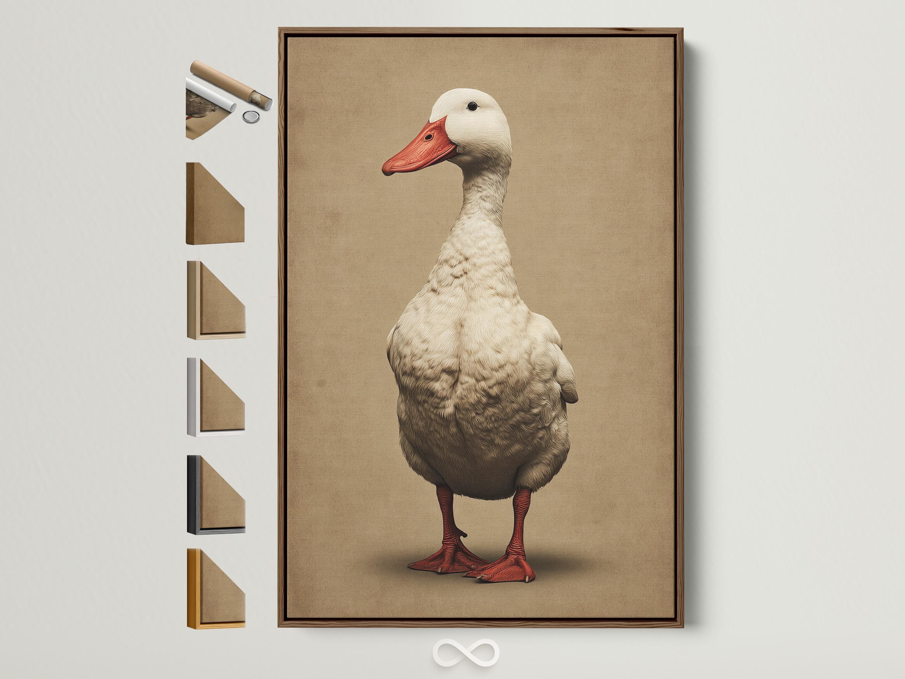 A vintage-style goose portrait with a red beak and detailed feather shading stands in front of a warm beige background