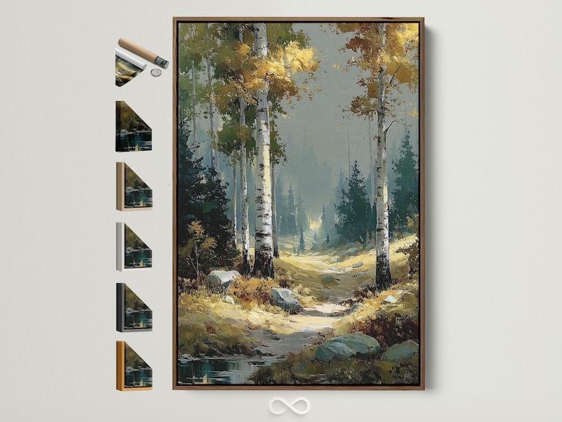 Painterly autumn birch forest landscape with tall tree trunks and a winding woodland path