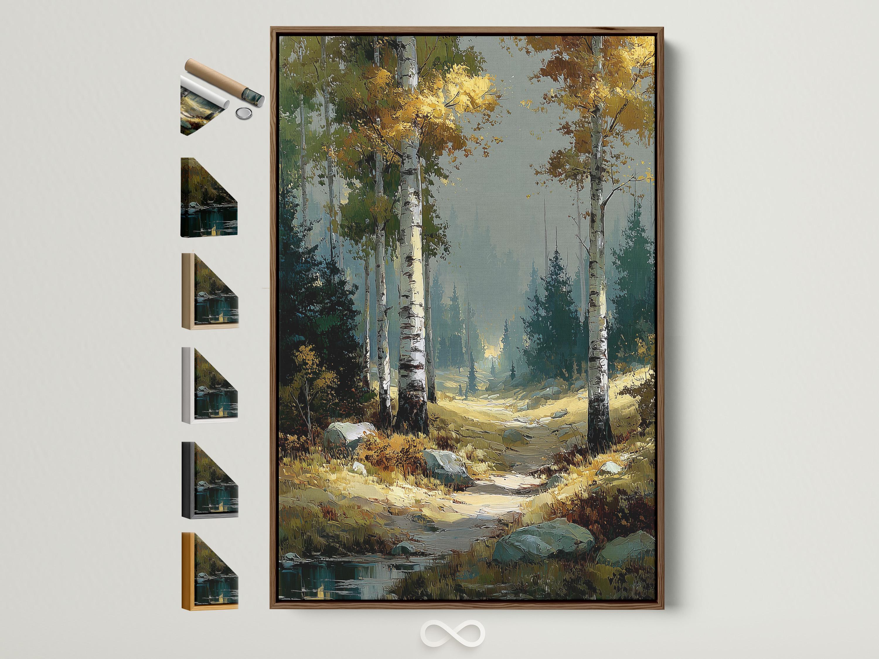 Painterly autumn birch forest landscape with tall tree trunks and a winding woodland path