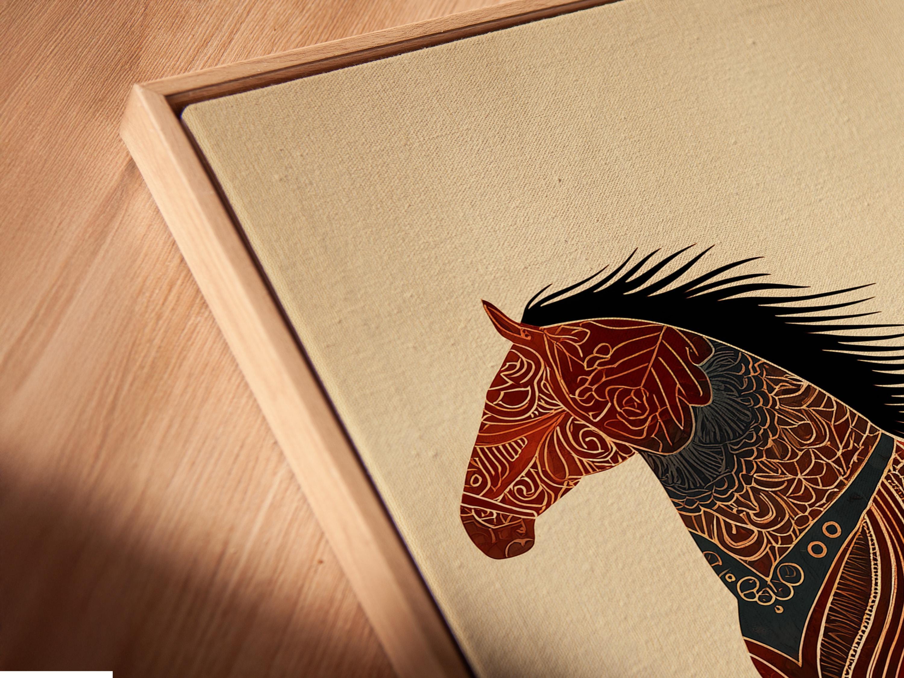 Stylised horse with ornate red-brown patterns, bold black mane and tail on a beige background detail view