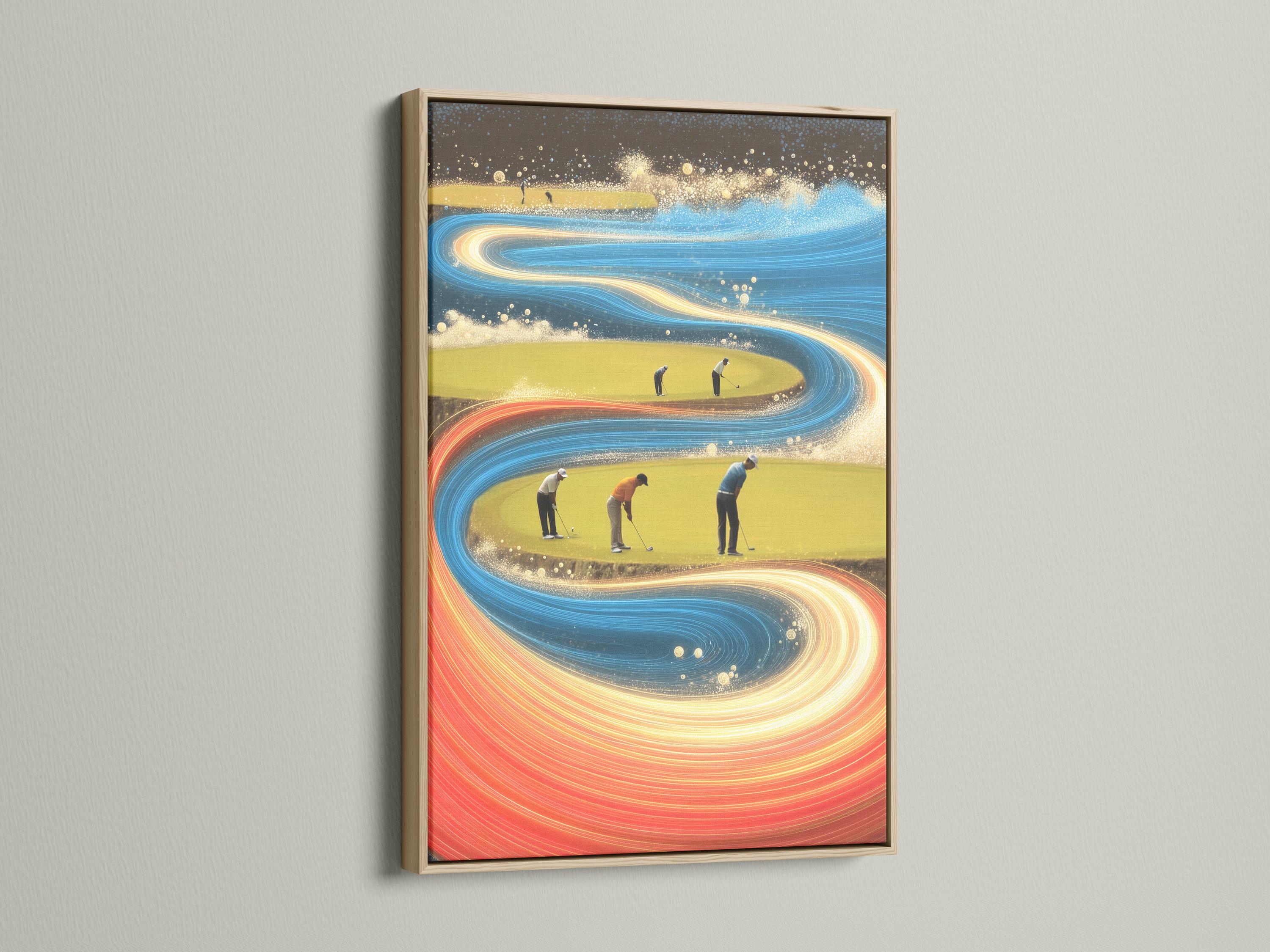 Abstract golf course scene with swirling blue and gold motion bands and small golfer figures detail view