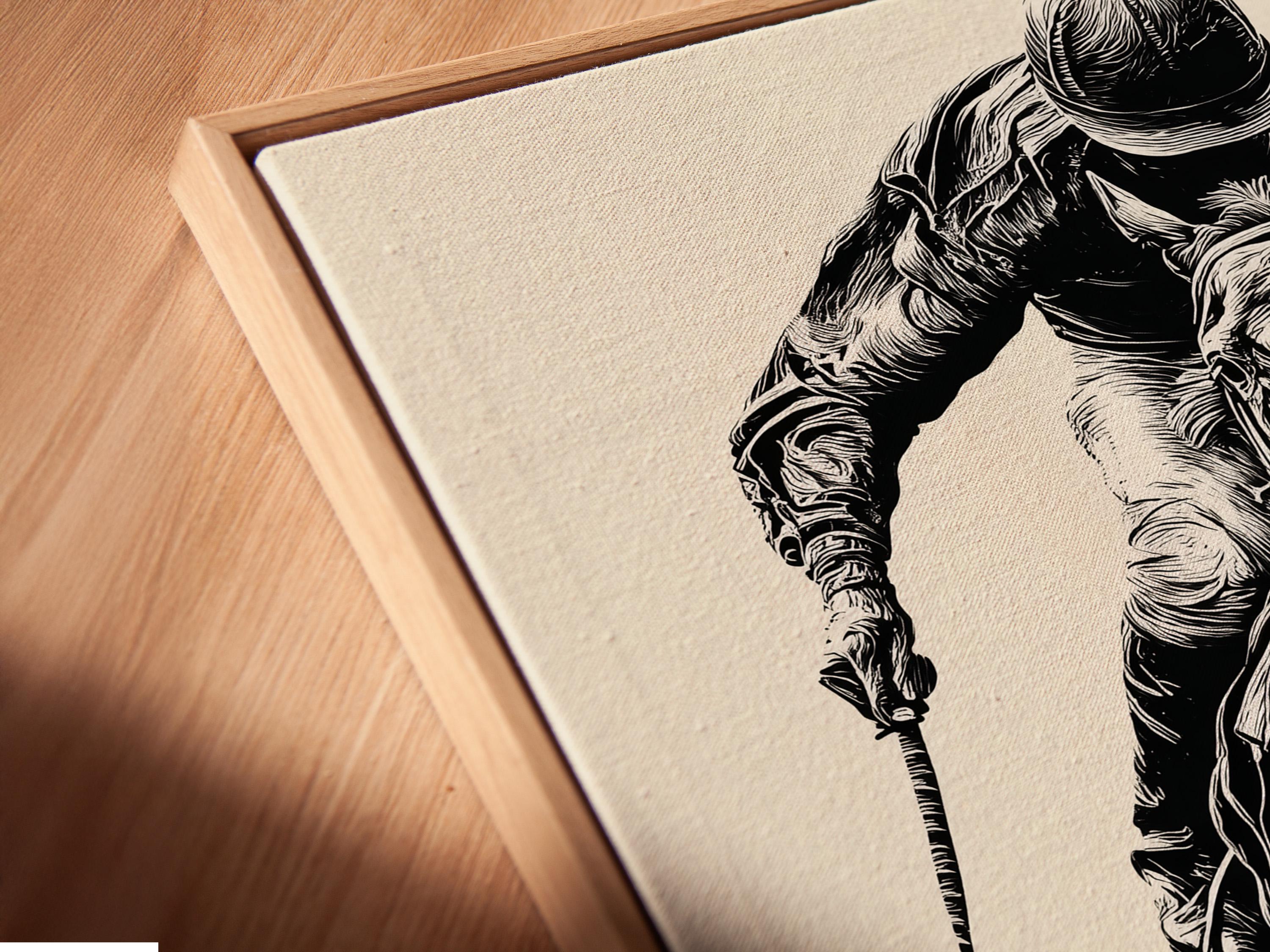 Mockup showing a framed black and white equestrian polo rider illustration