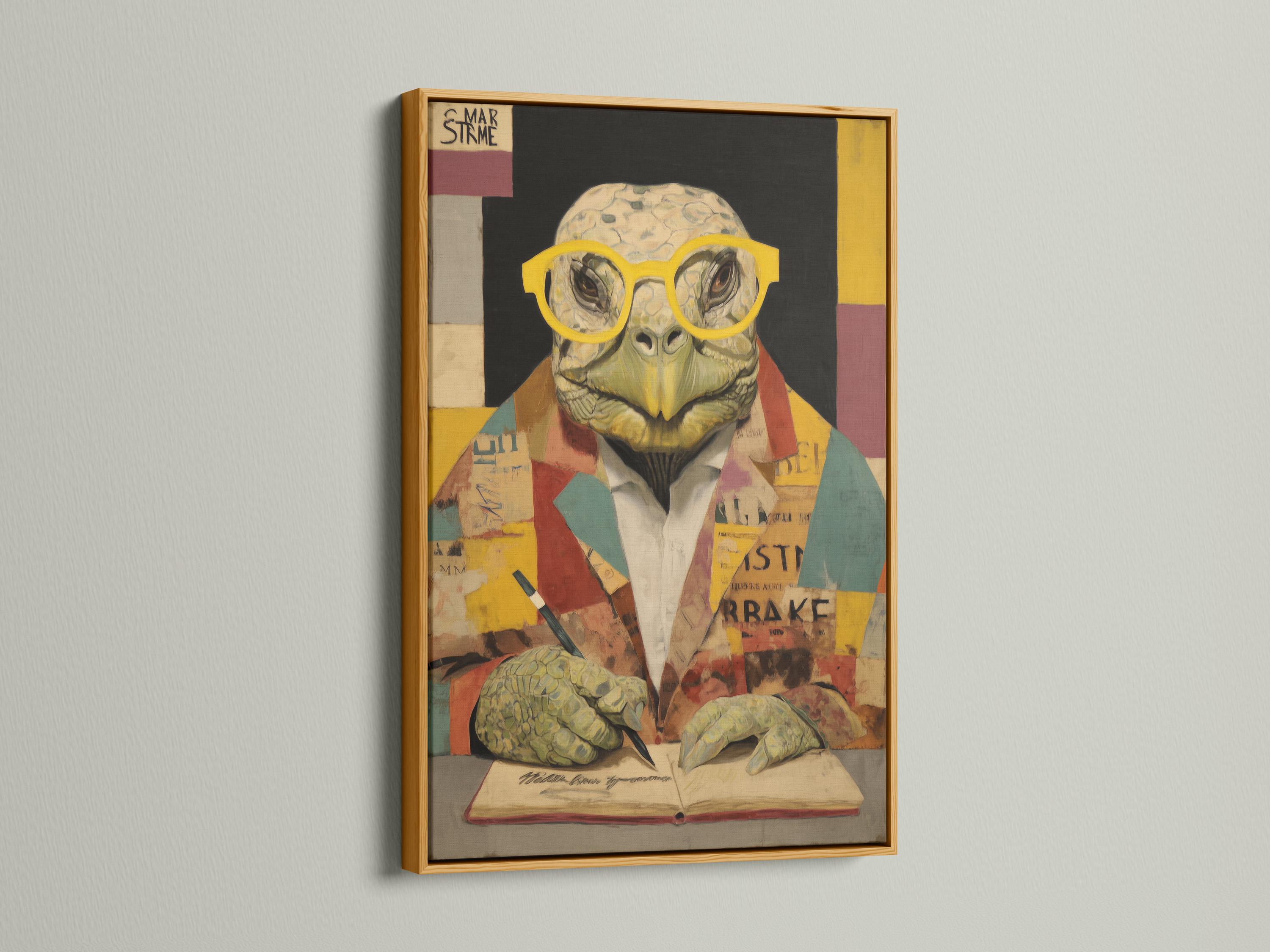 Collage-style turtle wearing yellow round glasses at an open book with patchwork background detail view