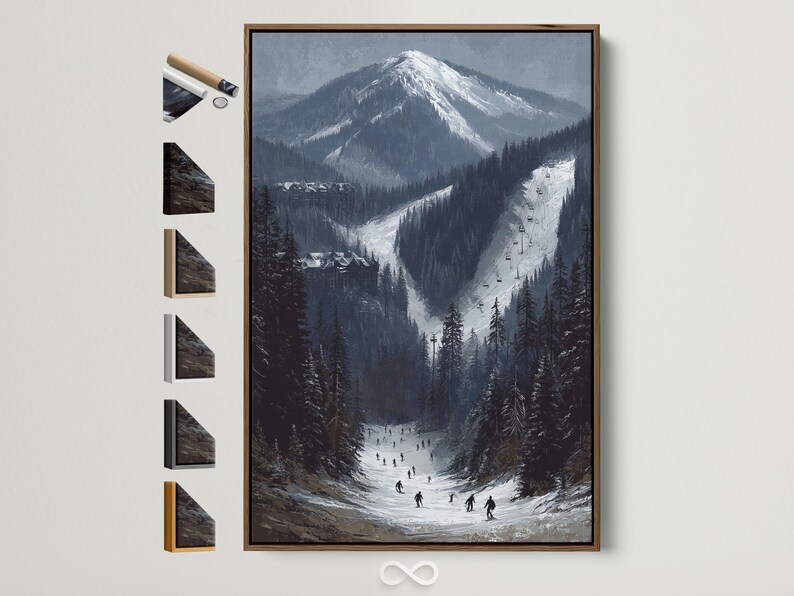 Alpine winter landscape with snow-capped mountains, evergreen trees and a ski slope with a chairlift