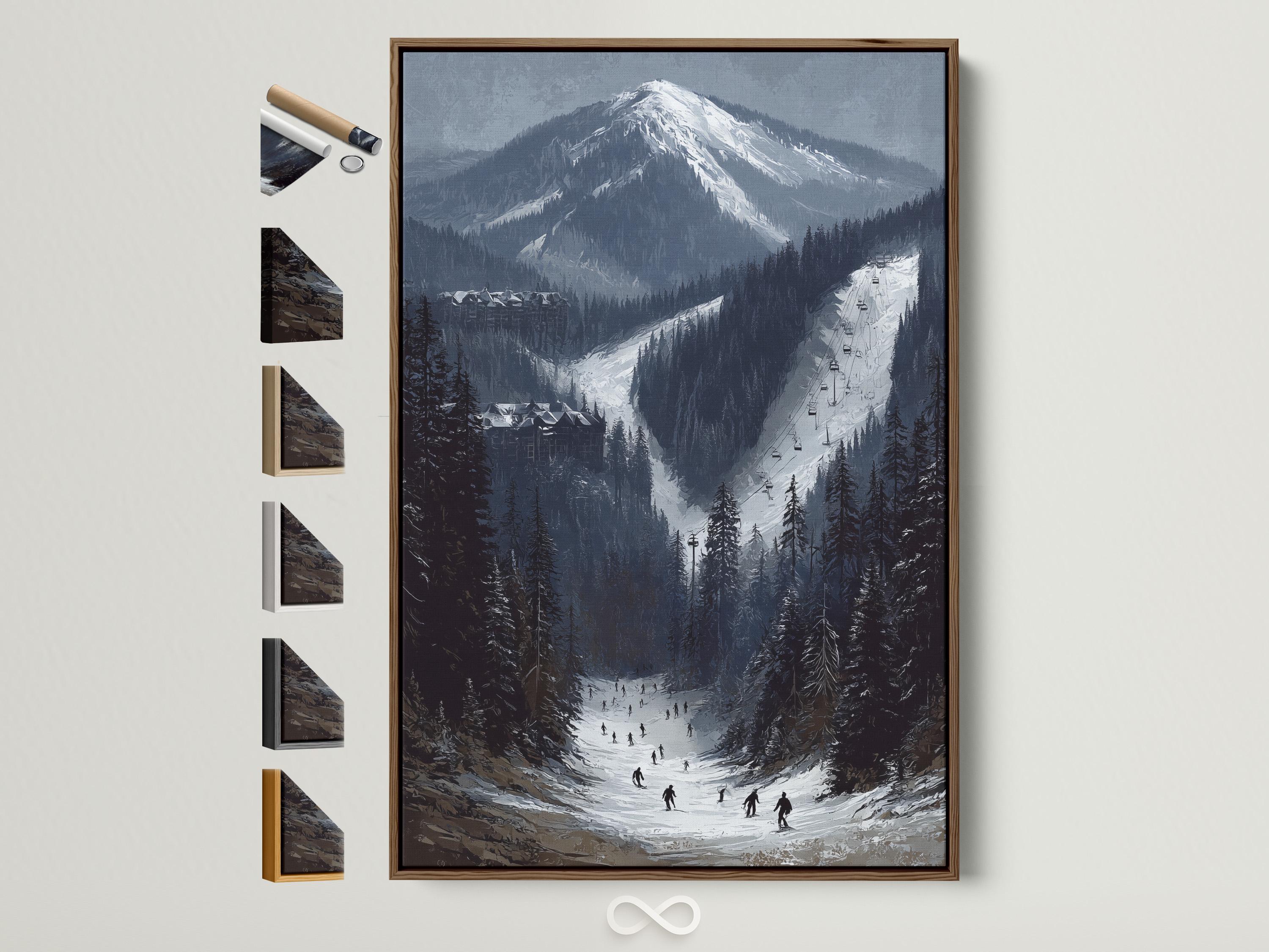 Alpine winter landscape with snow-capped mountains, evergreen trees and a ski slope with a chairlift