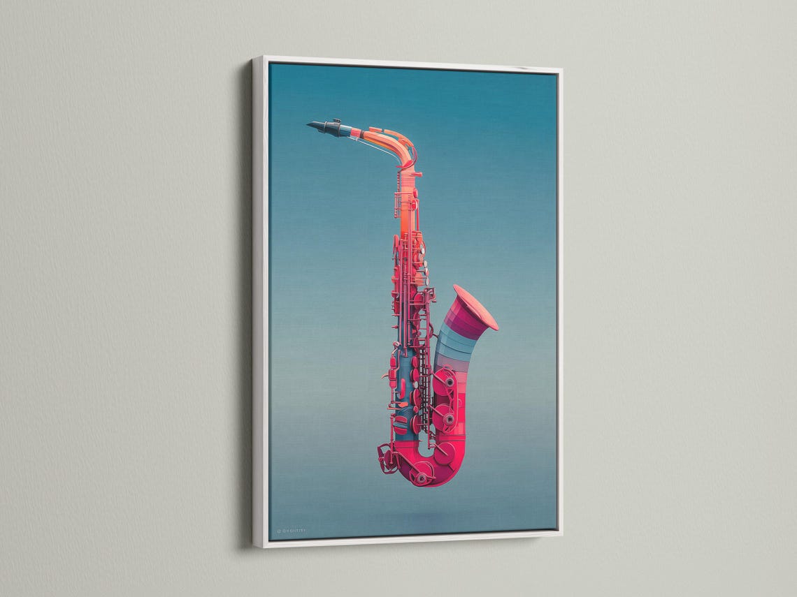Stylised saxophone illustration in red on a teal-blue background detail view
