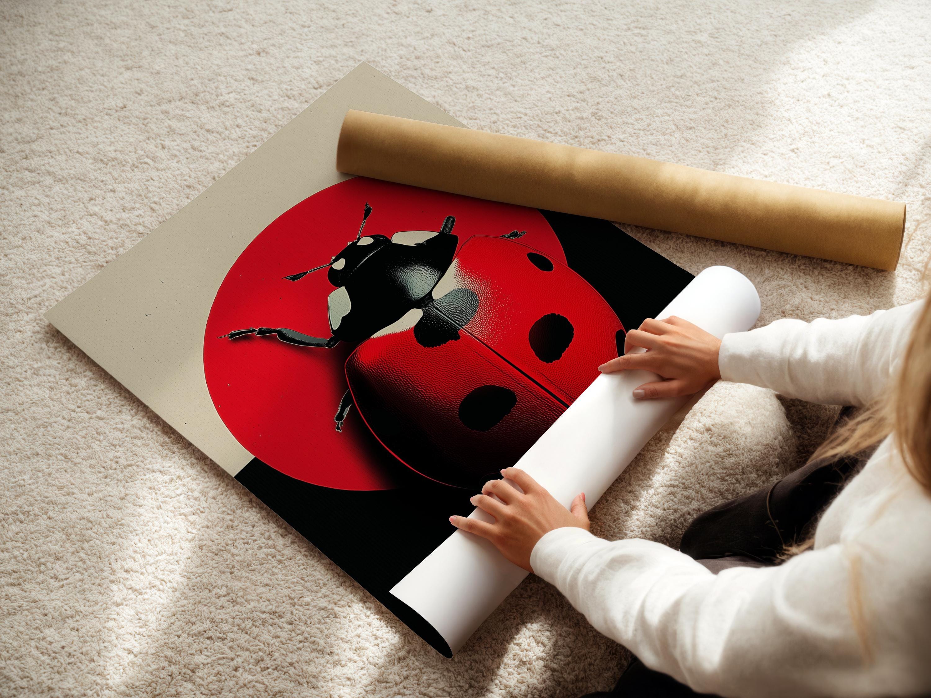 Room mockup showing a framed ladybug artwork on a light wall