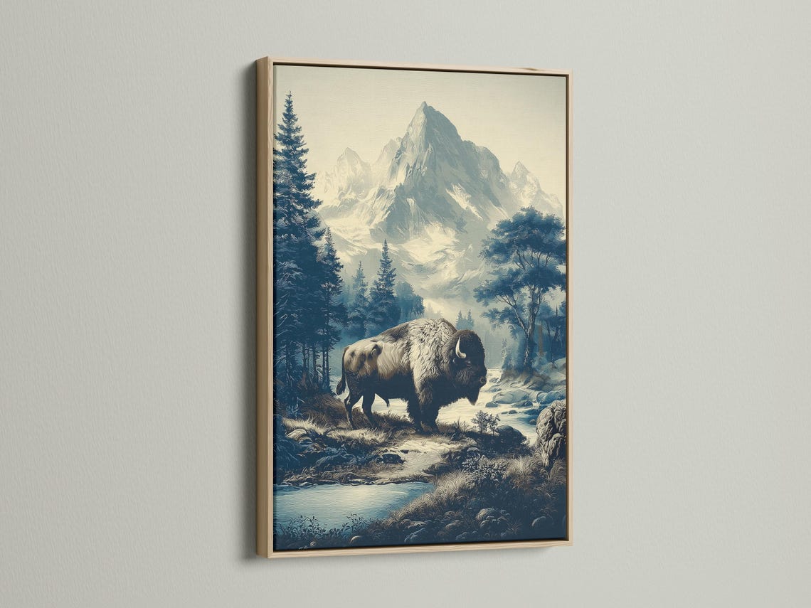 Bison standing in a forest and mountain landscape with pine trees and misty peaks detail view