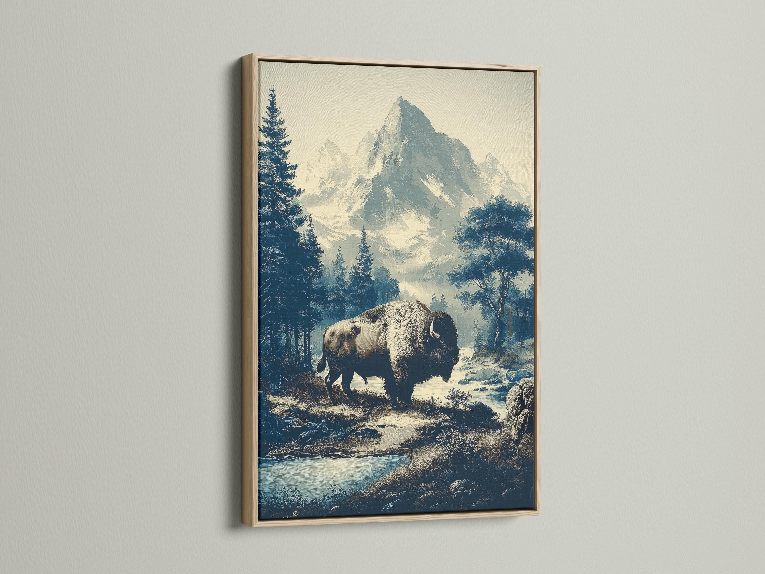 Bison standing in a forest and mountain landscape with pine trees and misty peaks detail view