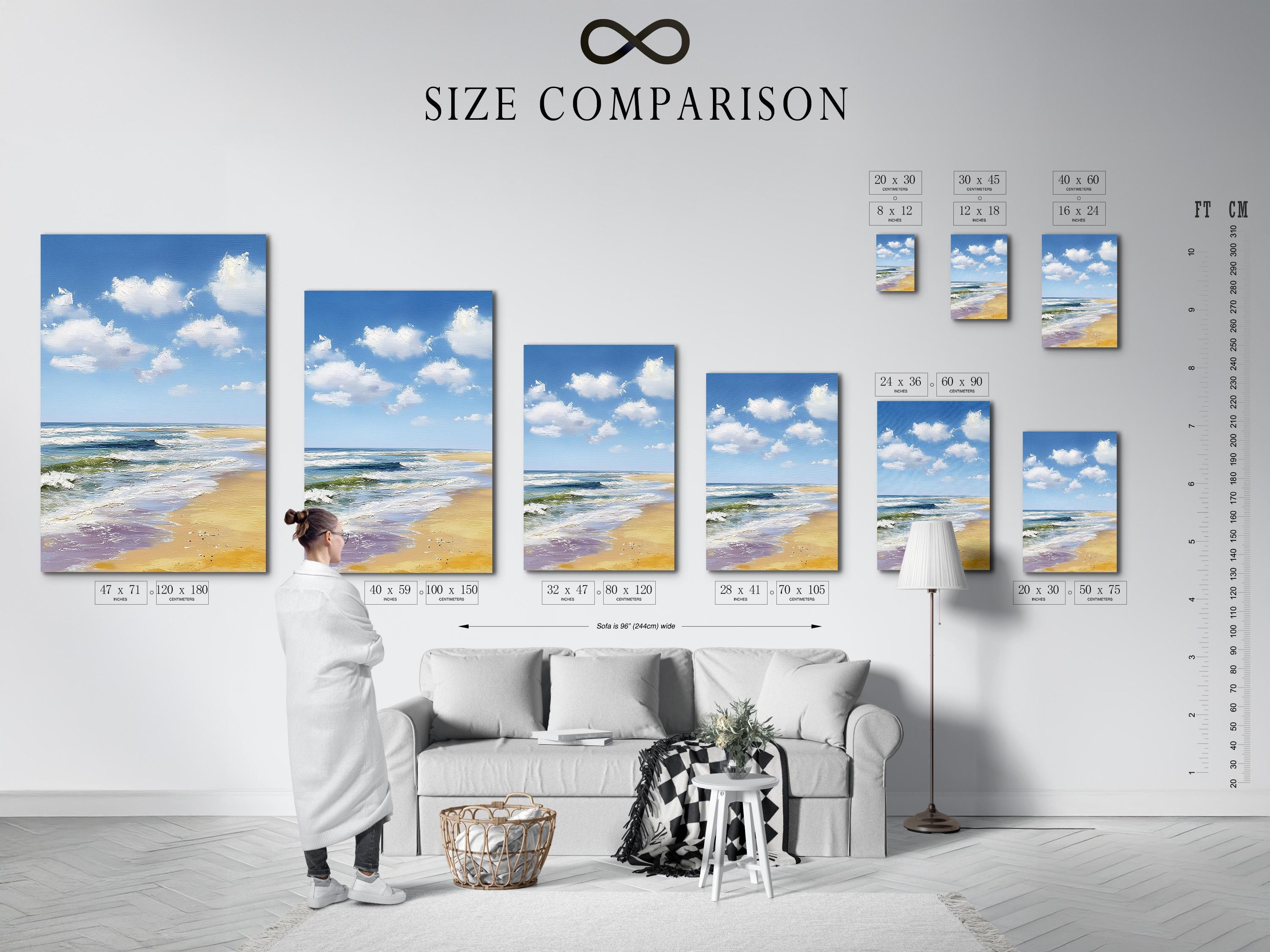 Blue ocean seascape with fluffy white clouds and foamy waves over sandy shore detail view