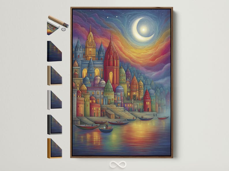 Moonlit colourful city skyline with domed buildings and boats on reflective water