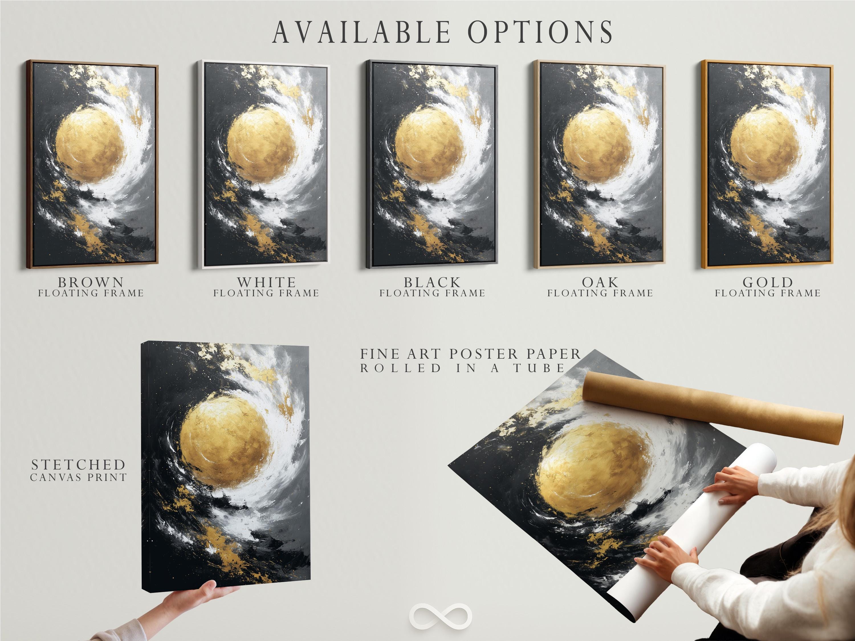 Abstract gold circle with white swirling arcs on a dark charcoal background detail view