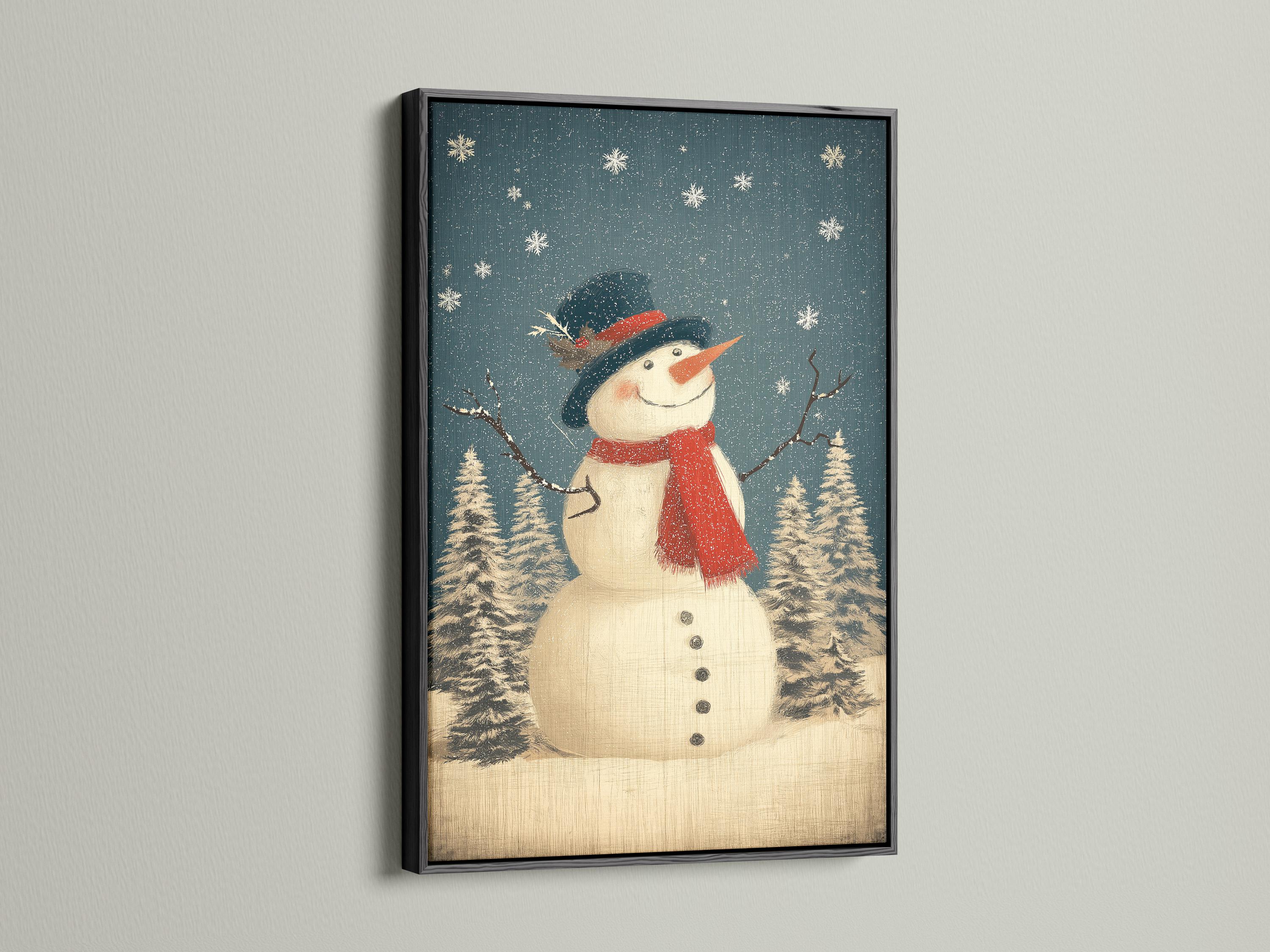 Smiling snowman with red scarf and dark hat in a snowy pine forest with falling snow detail view