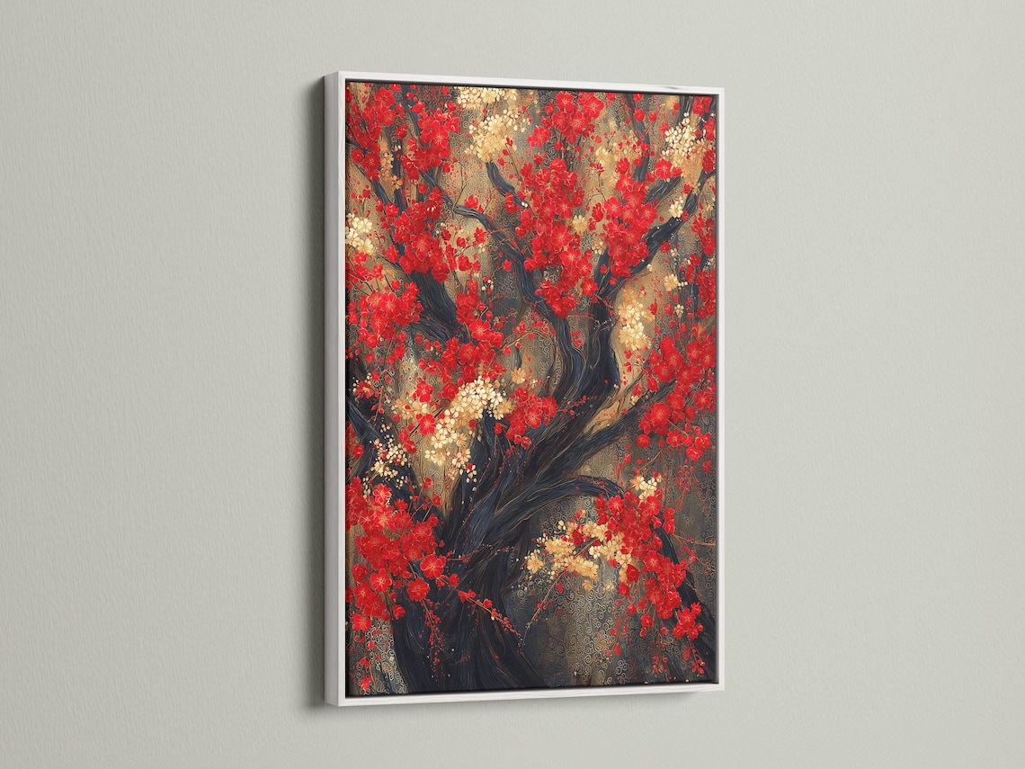 Red blossom tree artwork with dark branches and clusters of red, cream and gold flowers detail view
