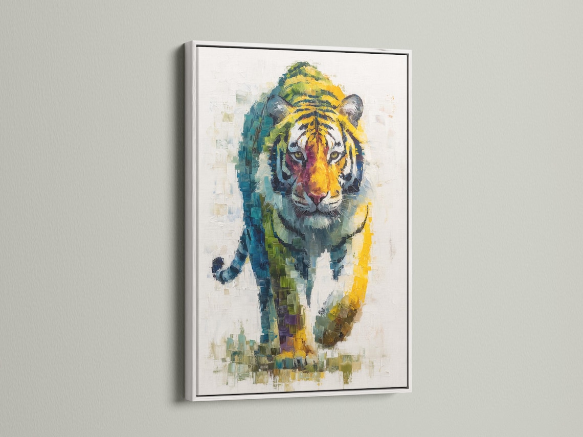 A painterly tiger portrait with layered blue, green and yellow mosaic-like brush strokes detail view