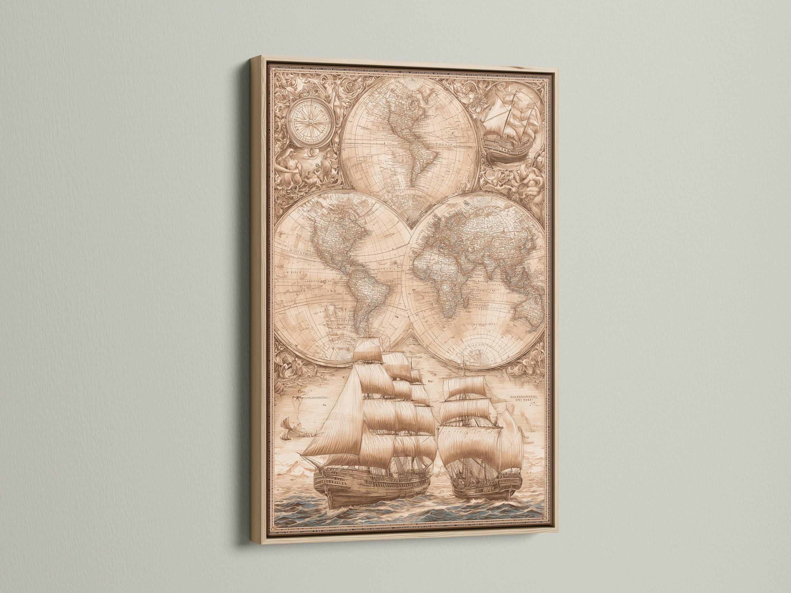 Sepia antique world map with compass circle and sailing ships on waves detail view