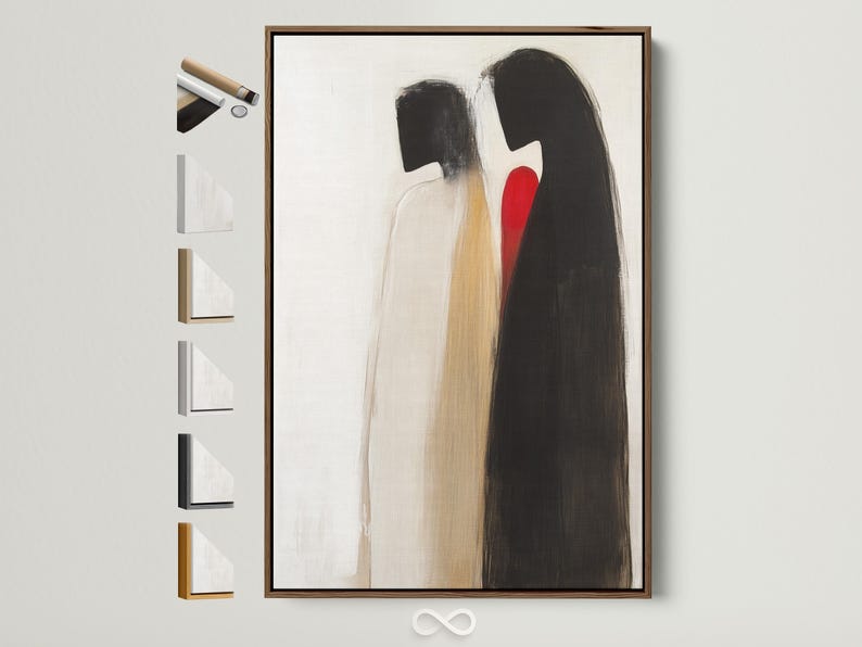 Abstract couple figures in charcoal black and beige embracing on a cream background with a small red accent
