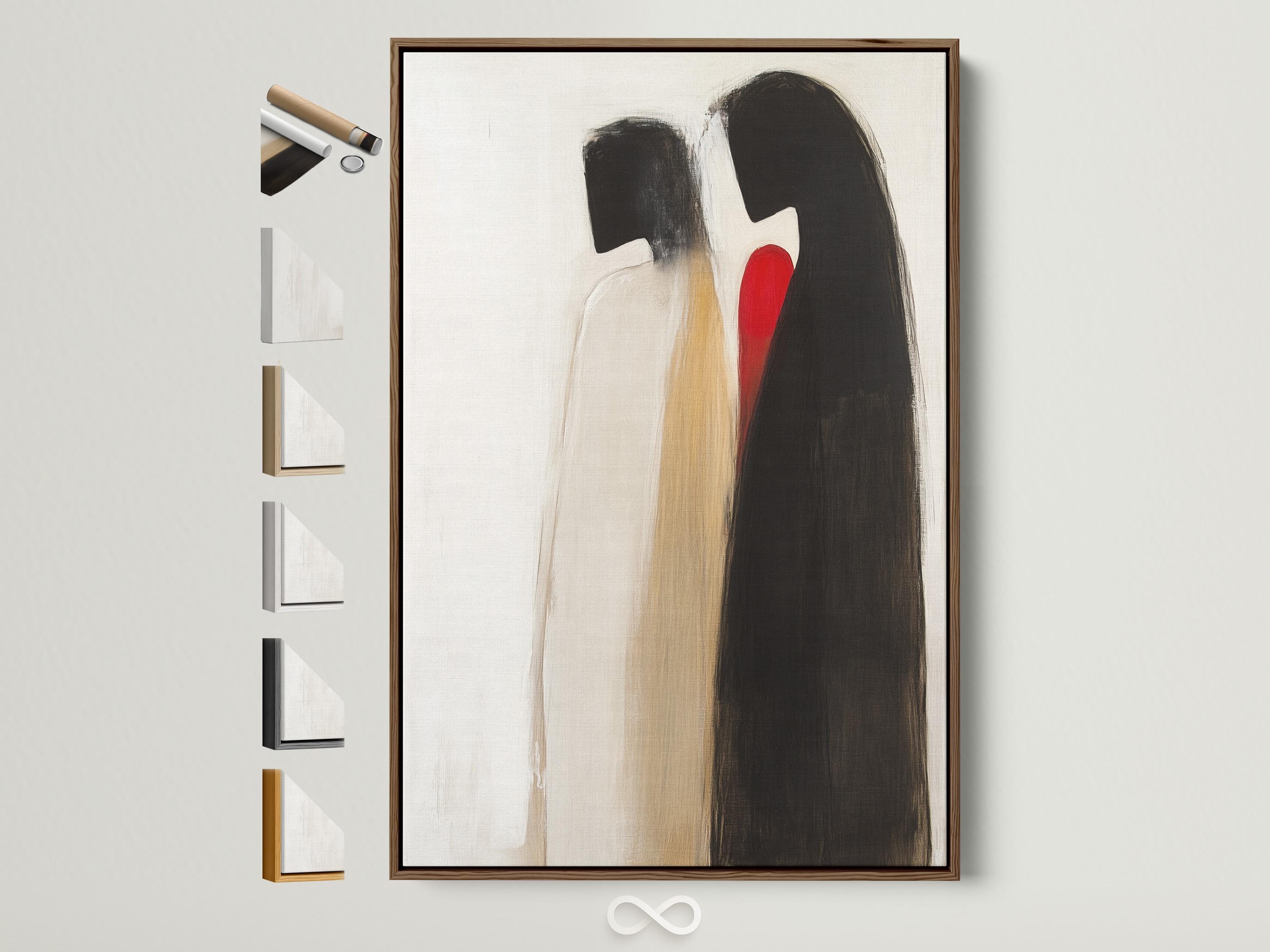 Abstract couple figures in charcoal black and beige embracing on a cream background with a small red accent