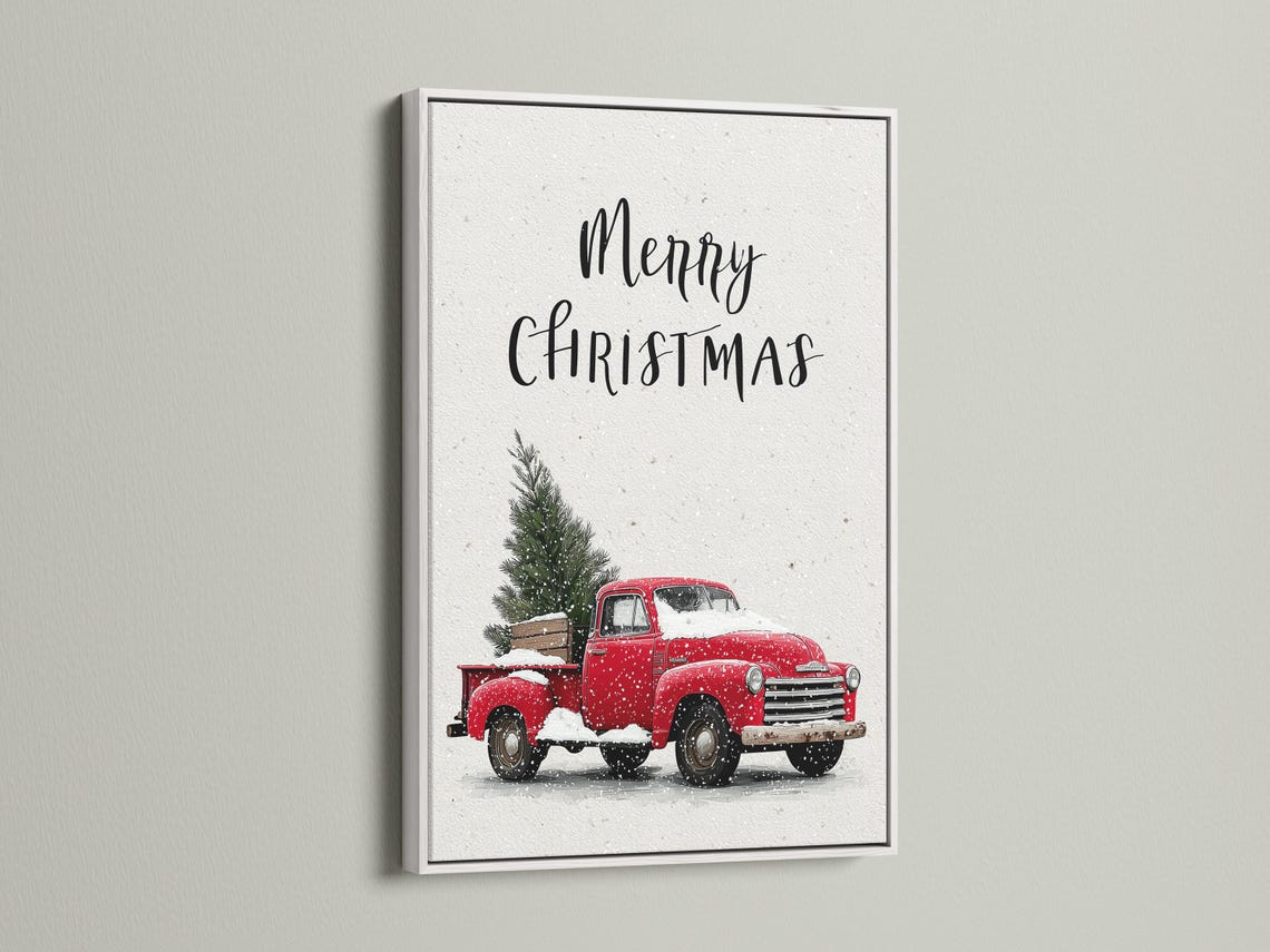 A white, snow-speckled scene shows a red vintage truck holding a Christmas tree, with handwritten-style text above it reading “Merry Christmas.”