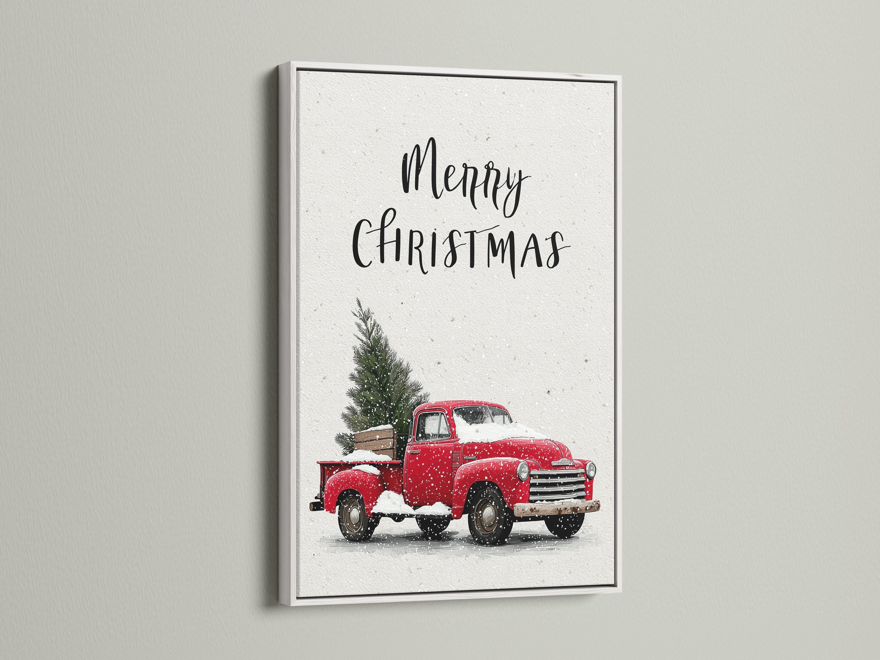 A white, snow-speckled scene shows a red vintage truck holding a Christmas tree, with handwritten-style text above it reading “Merry Christmas.”