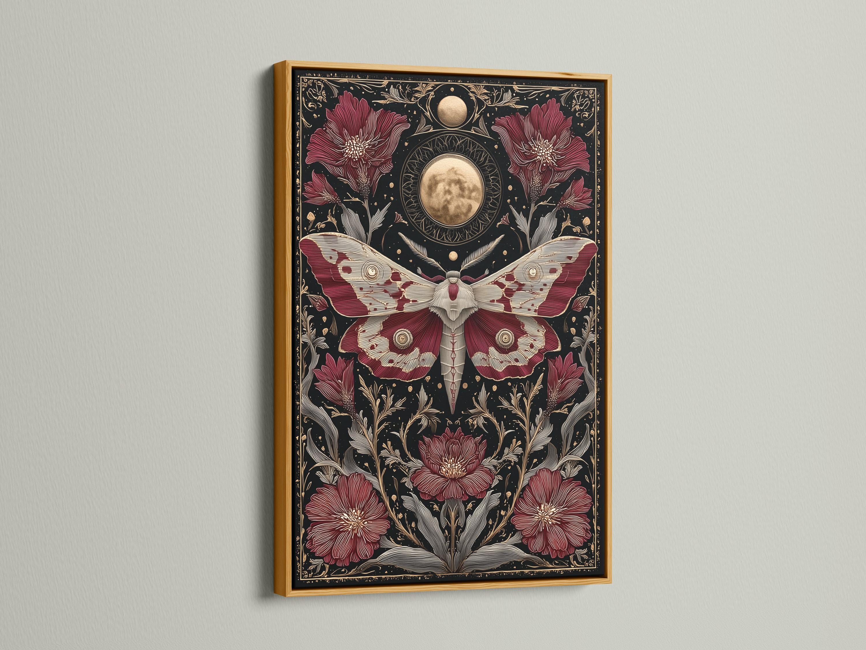 A dark, gothic-style moth illustration with burgundy wings and gold celestial moon motifs, surrounded by botanical florals on a near-black background