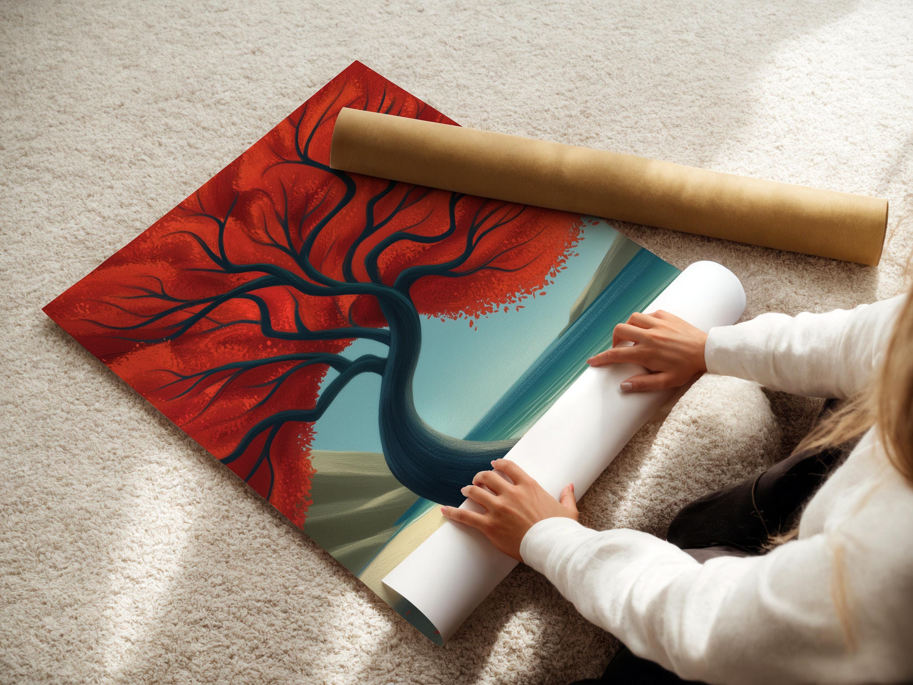 Stylised tree with a red canopy over a sandy beach with a blue ocean detail view