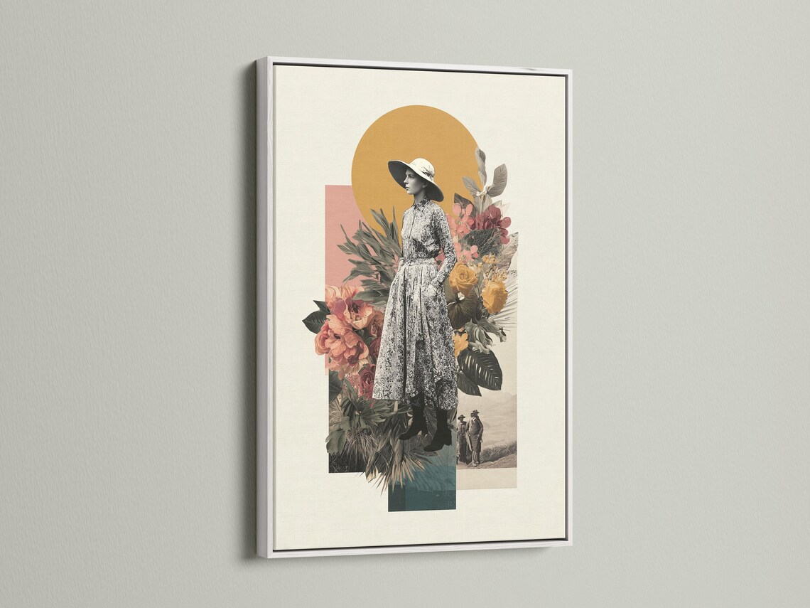 Vintage collage of a woman in a hat with tropical leaves and flowers against an ochre sun disc detail view