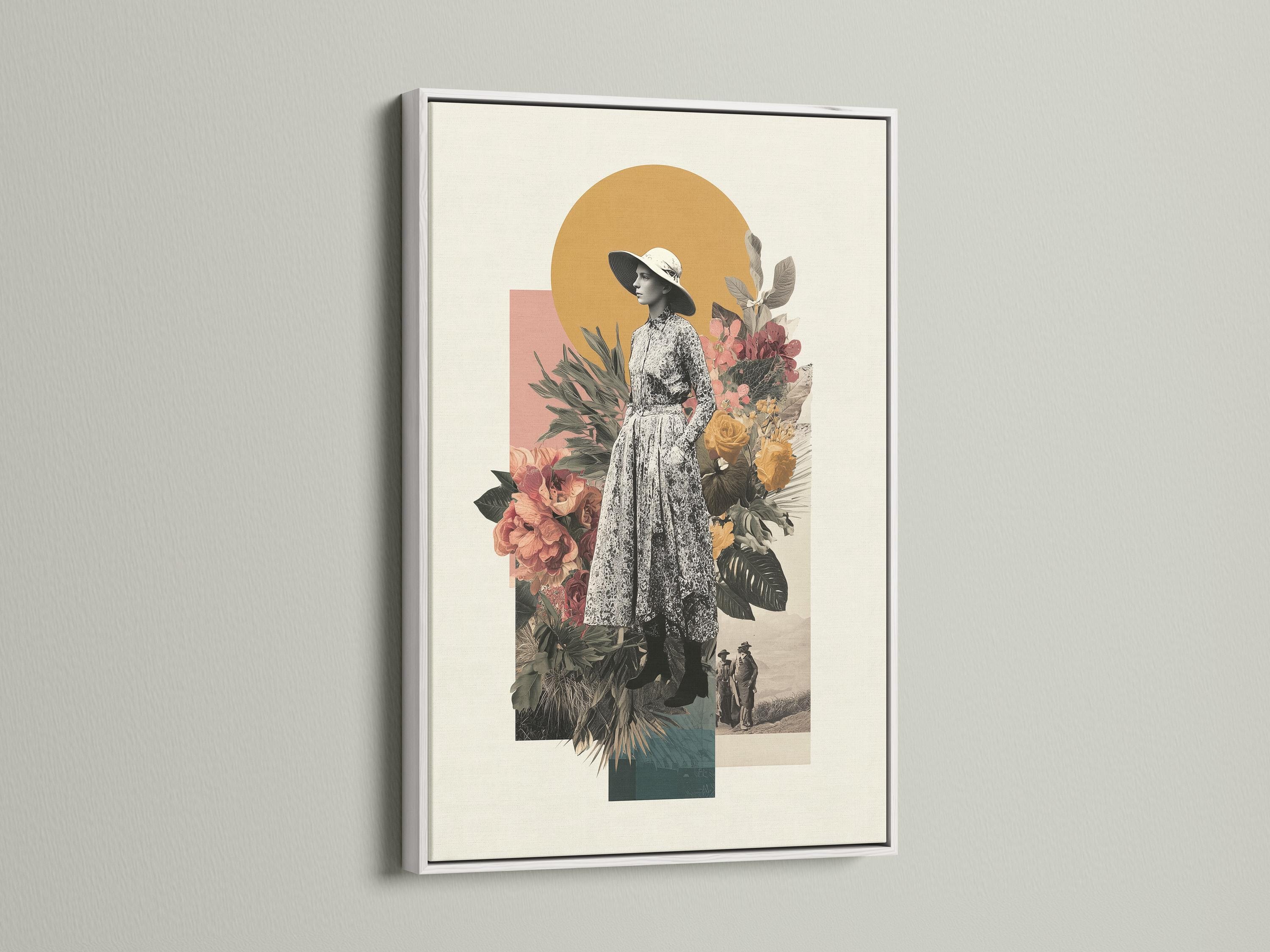 Vintage collage of a woman in a hat with tropical leaves and flowers against an ochre sun disc detail view
