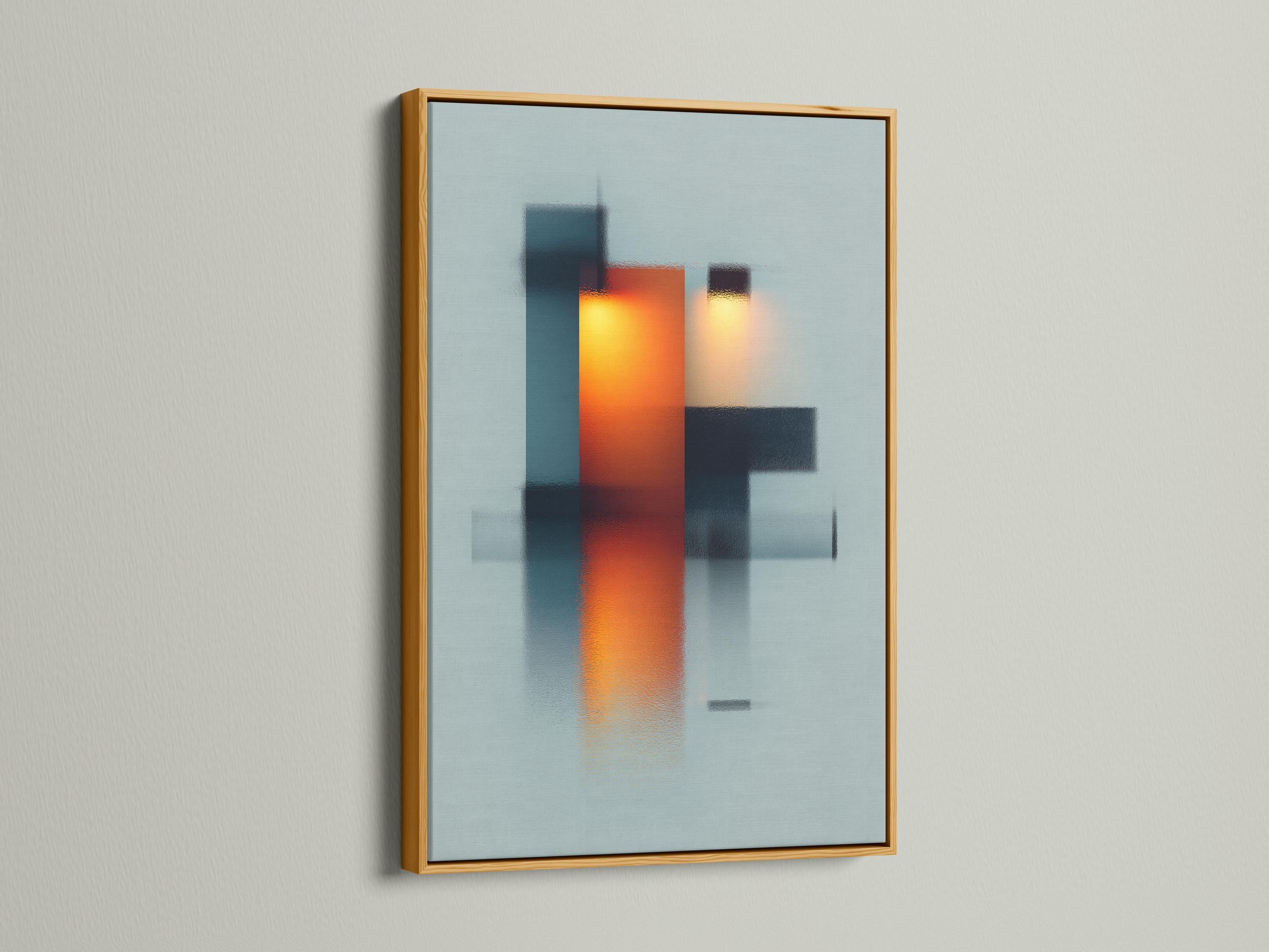 Room mockup showing a framed abstract geometric artwork with teal, deep blue and orange blocks