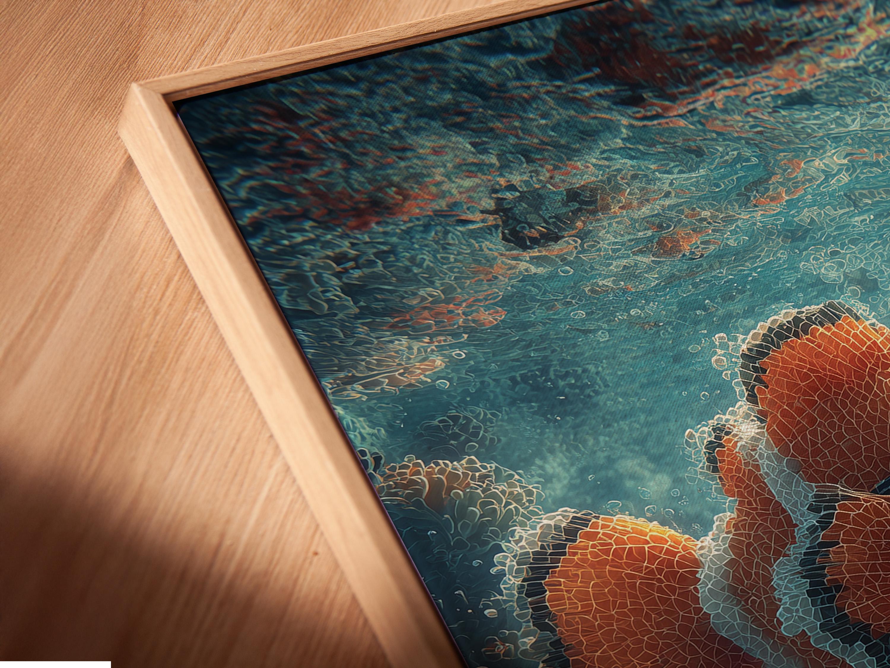 Underwater illustration of a clownfish wearing dark glasses and holding a cigar among coral and bubbles detail view